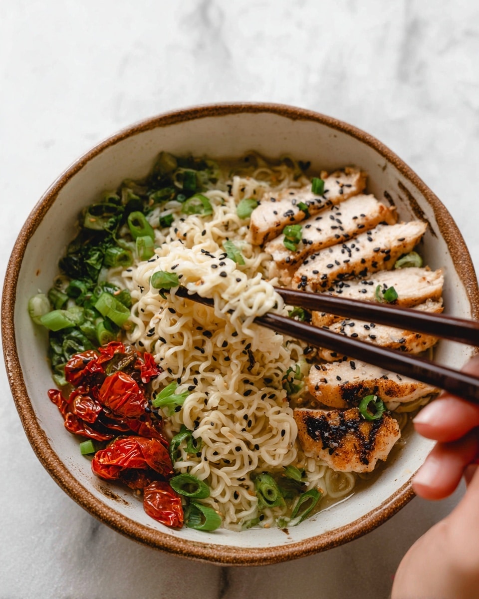 A bowl of creamy orange broth forms the base, filled with a nest of light yellow noodles in the center. On top, there are six slices of golden brown, cooked chicken breast arranged in a fan shape on the left side. Bright green edamame beans sit at the bottom edge, while fresh, chopped green onions are on the bottom left. To the right of the noodles, there are fresh green cilantro leaves and a small pile of white bean sprouts. Small black sesame seeds and bits of red chili flakes are scattered over the entire dish. Dark wooden chopsticks rest on the upper right edge of the bowl. The bowl is white with a subtle speckled texture, set on a white marbled surface. Photo taken with an iphone --ar 4:5 --v 7