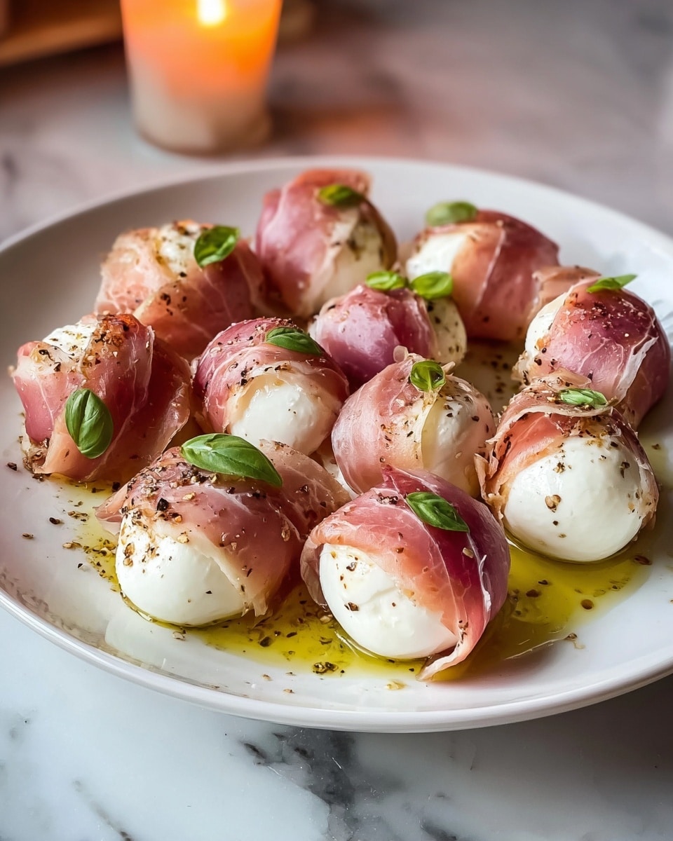 The image shows eight pieces of soft, white mozzarella cheese, each wrapped in thin, pink slices of prosciutto. The prosciutto has a slightly shiny texture and is speckled with green herbs and cracked black pepper. Small fresh green basil leaves are placed between some pieces, adding a bright contrast. The cheese and prosciutto bundles are arranged on a simple white plate with a slight sheen from olive oil drizzled over them. The plate sits on a white marbled surface, and the lighting highlights the freshness and moist texture of the cheese and prosciutto. photo taken with an iphone --ar 4:5 --v 7
