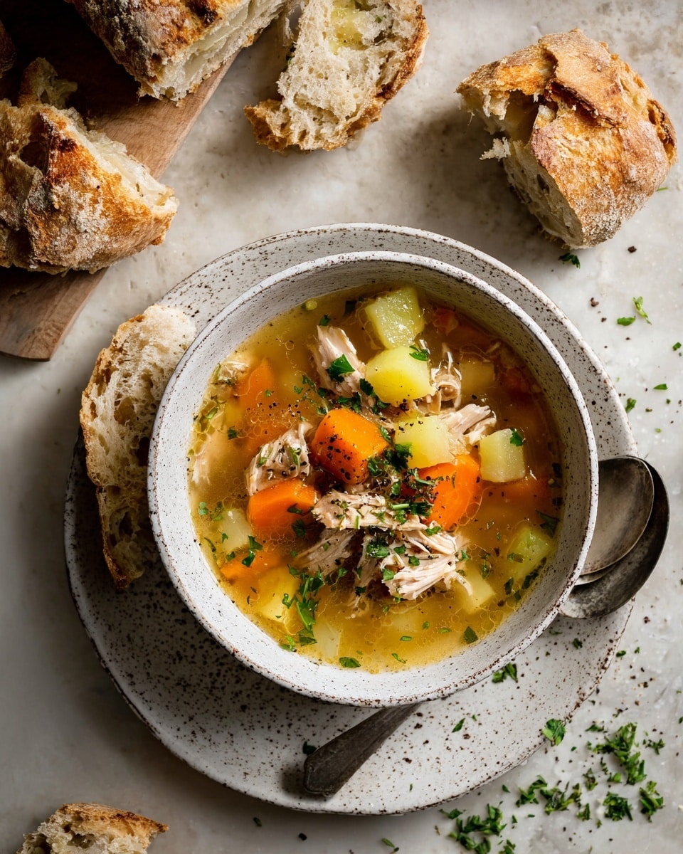 A white speckled bowl filled with three layers of chicken soup sits centered on a matching white speckled plate. The top layer shows shredded pale chicken pieces, bright orange carrot slices, small chunks of light yellow potatoes, and translucent celery, all in a clear golden broth, garnished with fresh green herbs and black pepper. Around the plate are pieces of rustic torn bread with a golden-brown crust and a soft, fluffy inside. Nearby, more torn pieces of the same bread rest on a white marbled textured surface, scattered lightly with green herbs. A silver spoon is placed to the right side of the bowl. Photo taken with an iphone --ar 4:5 --v 7