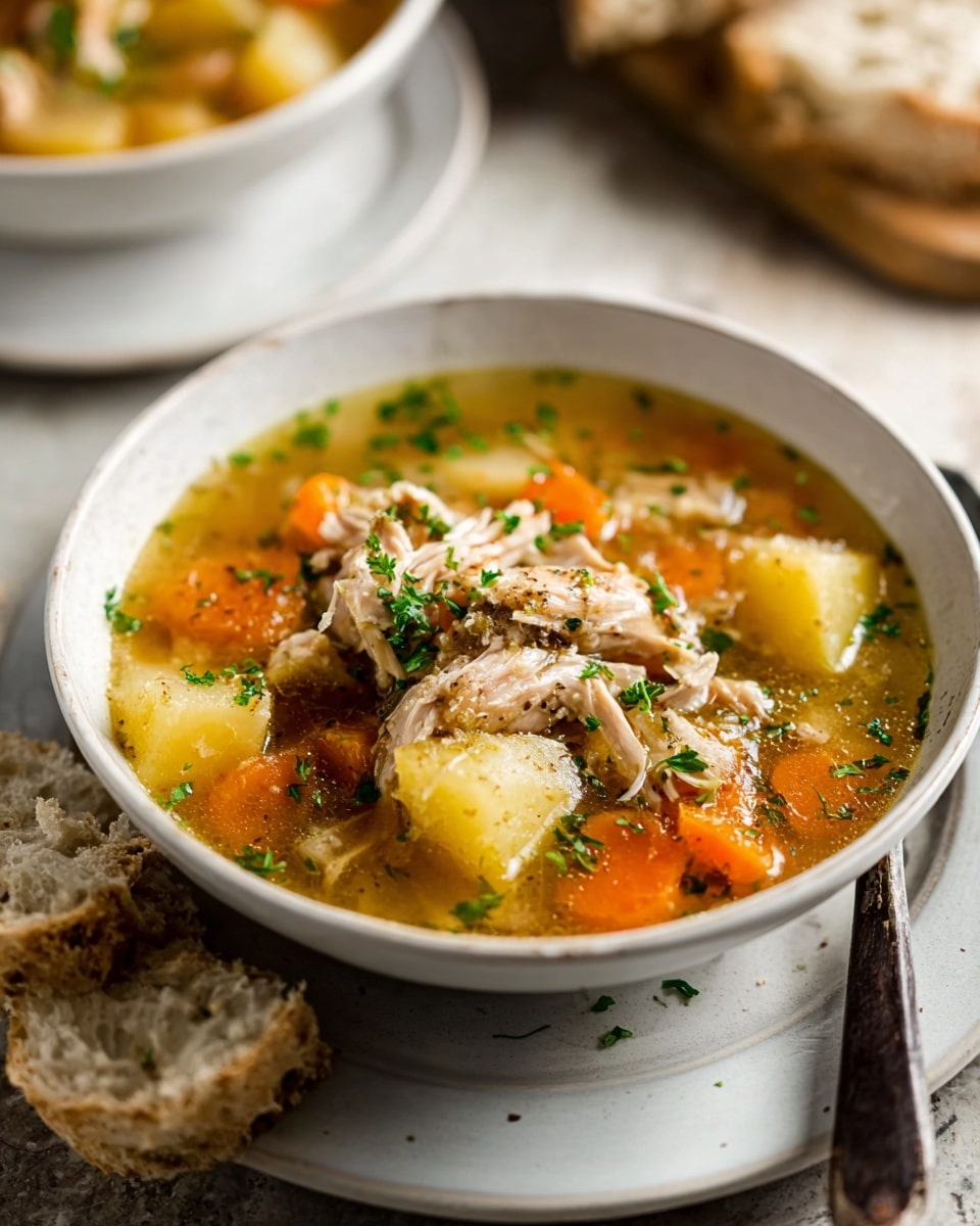 A bowl of chicken soup sits on a white plate, placed on a white marbled surface. The soup has three main layers: at the bottom is a golden clear broth, filled with chunks of light brown shredded chicken, soft orange carrot slices, and pale yellow potato pieces. The top layer is sprinkled with small bright green chopped herbs. Around the bowl, there are pieces of torn bread with a rough, soft texture. A spoon with a dark handle rests beside the bowl on the white plate. In the blurred background, a similar bowl of soup on a white plate is partly visible. photo taken with an iphone --ar 4:5 --v 7