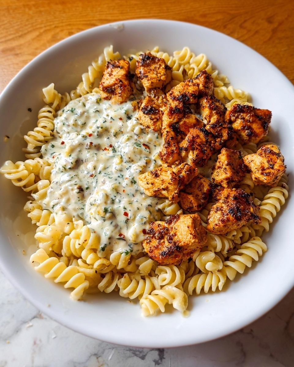 The image shows a white bowl filled with three layers of food. The bottom layer is a bed of cooked spiral pasta, light yellow in color and soft in texture. On top of the pasta, in the center, there is a creamy white sauce with herbs sprinkled across, adding small green and red specks. Surrounding the sauce, evenly placed on one side of the bowl, are browned, seasoned pieces of grilled chicken, with a crispy and slightly charred outer texture in golden brown and darker brown spots. The bowl is set on a white marbled surface. Photo taken with an iphone --ar 4:5 --v 7