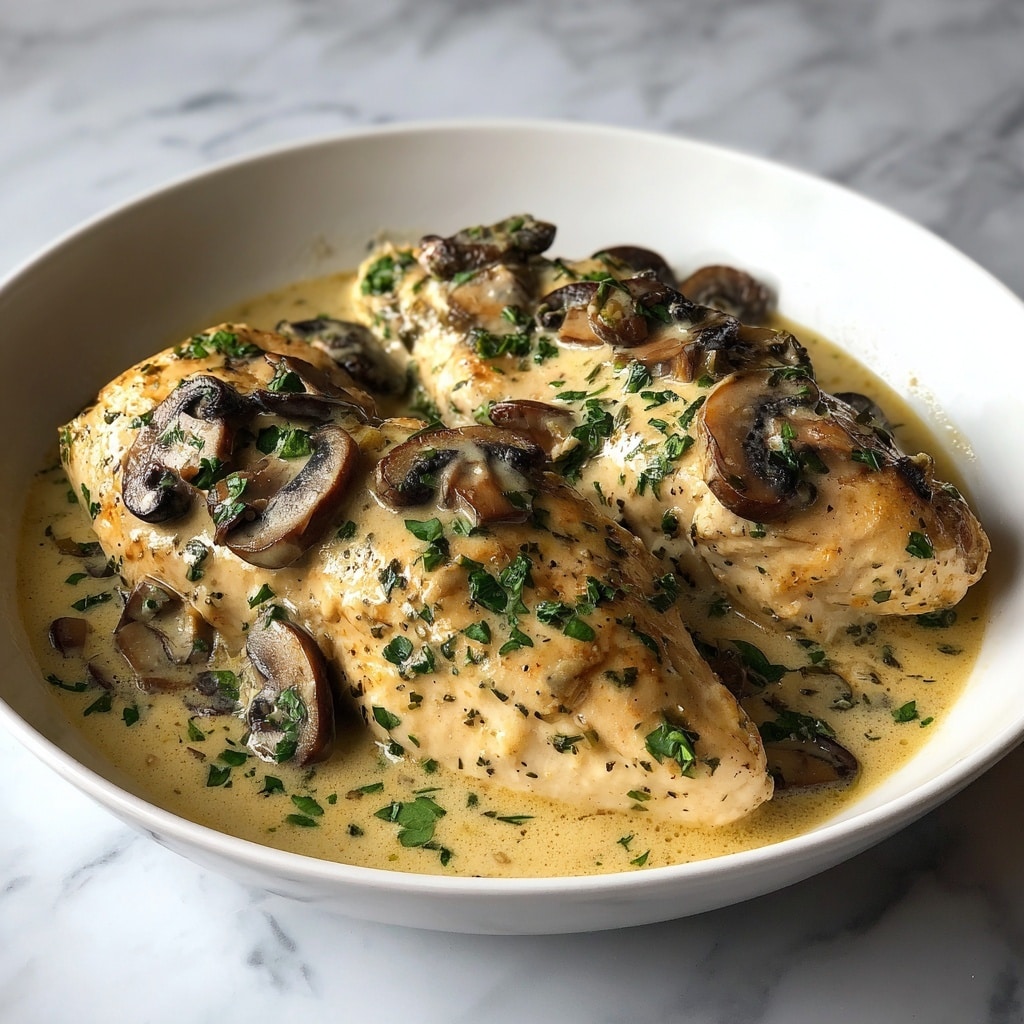 The image shows a white bowl filled with three pieces of cooked chicken breasts covered in a thick, glossy brown mushroom sauce. The sauce contains dark brown mushroom slices evenly spread on top of and around the chicken. Bright green chopped herbs are sprinkled on the chicken and sauce, adding a fresh touch. The bowl rests on a white marbled surface. photo taken with an iphone --ar 4:5 --v 7