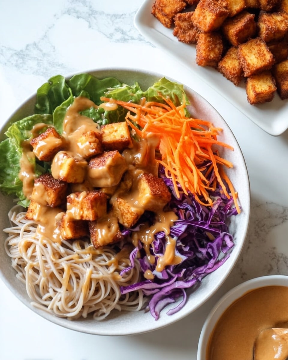 A white bowl filled with a layer of light beige noodles at the bottom, topped with bright green leafy lettuce on one side and shredded orange carrots above it. Next to the lettuce and carrots is a layer of thin purple cabbage strips. On top of the vegetables and noodles, there are golden brown crispy tofu cubes covered with a smooth, light brown peanut sauce. To the right of the bowl is a white dish holding more crispy tofu pieces. The background is a white marbled texture. Photo taken with an iphone --ar 4:5 --v 7