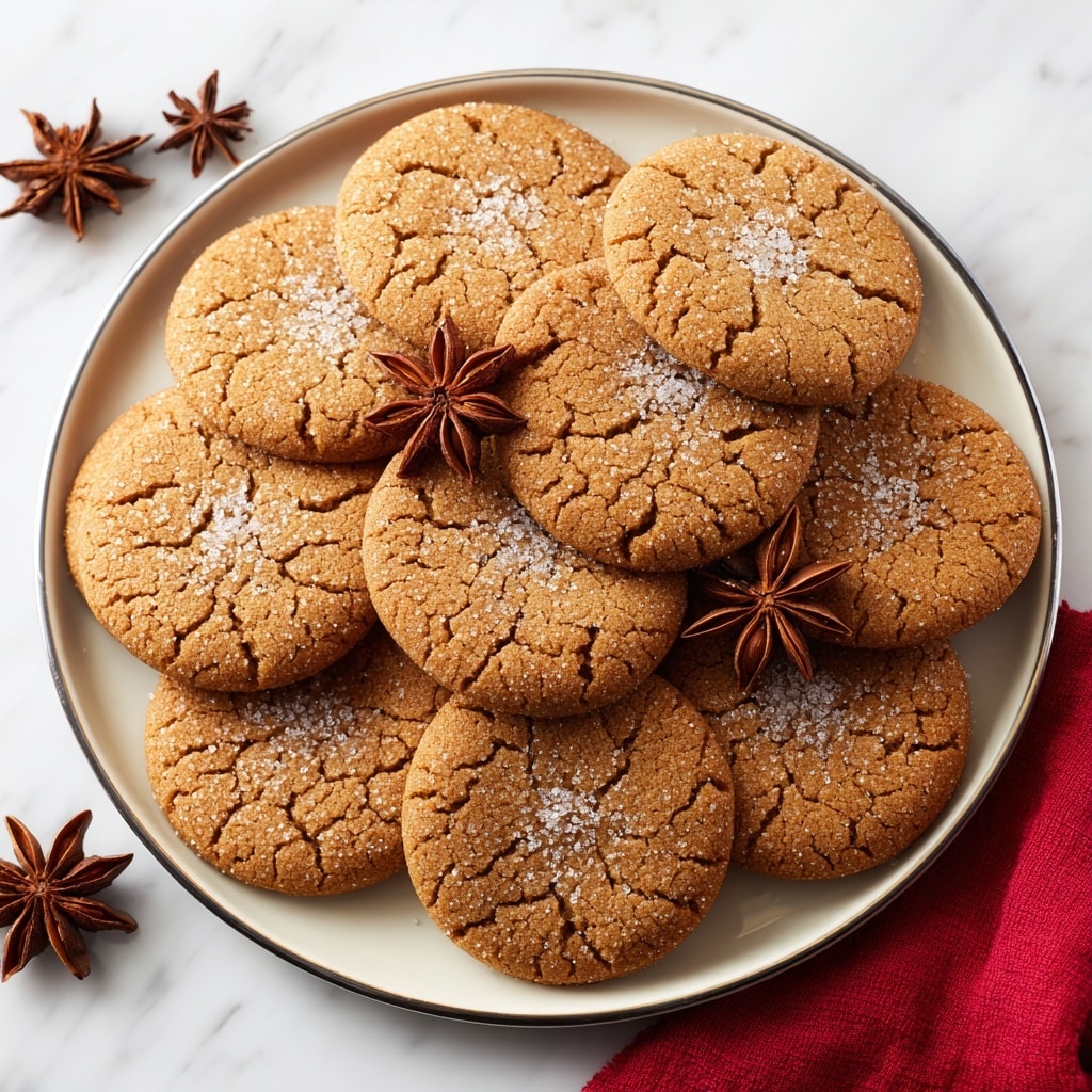 A round white metal tray holds a neat pile of soft ginger cookies arranged in two layers; the bottom layer has cookies partially visible around the edges while the top layer features ten full cookies closely placed in a circular pattern. Each cookie is light brown with fine cracks on the surface and a small dusting of white sugar or spice powder in the center. Two pair of star anise pods in dark brown are placed decoratively on the tray among the cookies. The tray sits on a white marbled surface, with a red cloth partially visible on the lower right edge of the frame. Photo taken with an iphone --ar 4:5 --v 7