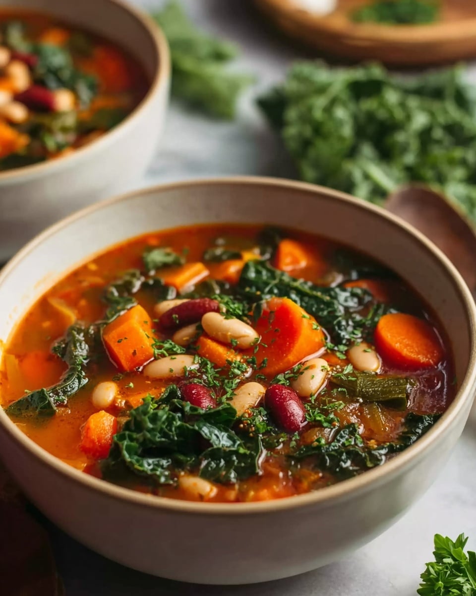 A close-up of a white bowl filled with a vibrant vegetable and bean soup, showing layers of rich orange broth as the base, with chunks of bright orange carrots, deep green leafy kale, and a mix of white and red beans scattered throughout, creating a hearty and colorful mix. The soup texture is thick with visible vegetable pieces and fresh herbs floating on top. The bowl sits on a white marbled surface with blurred fresh greens and kitchen items in the background, adding a fresh and homey feel to the image. Photo taken with an iphone --ar 4:5 --v 7