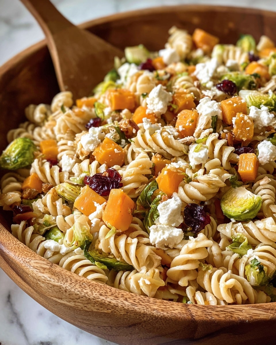 A close-up view of a wooden bowl filled with a colorful pasta salad. The base layer consists of light beige rotini pasta spirals mixed with cooked green Brussels sprout leaves. Scattered throughout are small cubes of bright orange sweet potatoes and light yellow apple pieces. White crumbles of soft cheese are sprinkled on top, adding contrast to the mix. There are also small bits of dark red dried cranberries that add pops of color. The bowl is resting on a white marbled surface, with a wooden spoon slightly visible on the left side. Photo taken with an iphone --ar 4:5 --v 7