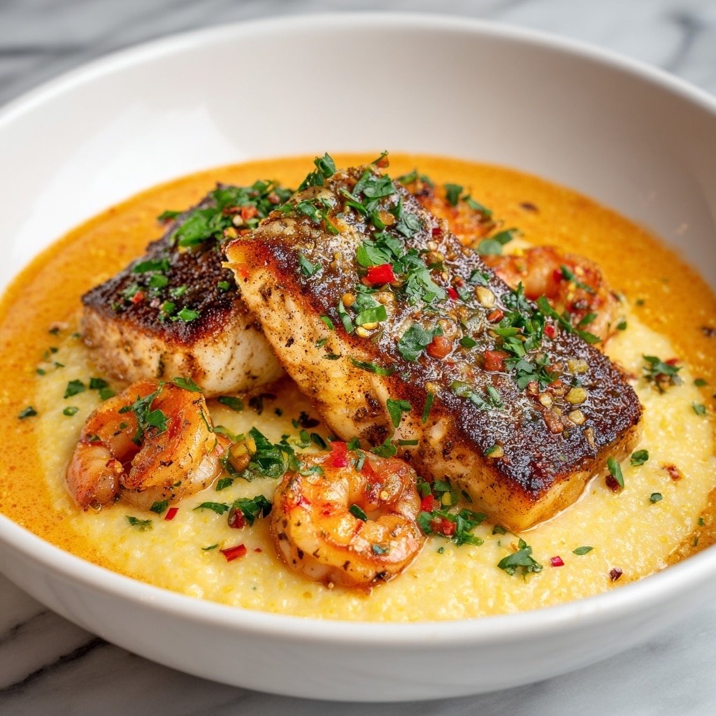 The dish features a white round bowl filled with a creamy light yellow base, which looks like grits or polenta, topped with a smooth, orange-colored creamy sauce that pools around the base. On top, there are two firm, golden-brown, seared fish fillets with a crisp skin visible, sprinkled with chopped green herbs and small pieces of red chili or pepper. Around the fish, there are several plump, pink-orange shrimp with visible seasoning and pepper flakes. The entire dish is finished with a scattering of fresh chopped green herbs and small red pepper bits for color. The bowl rests on a white marbled texture. photo taken with an iphone --ar 4:5 --v 7