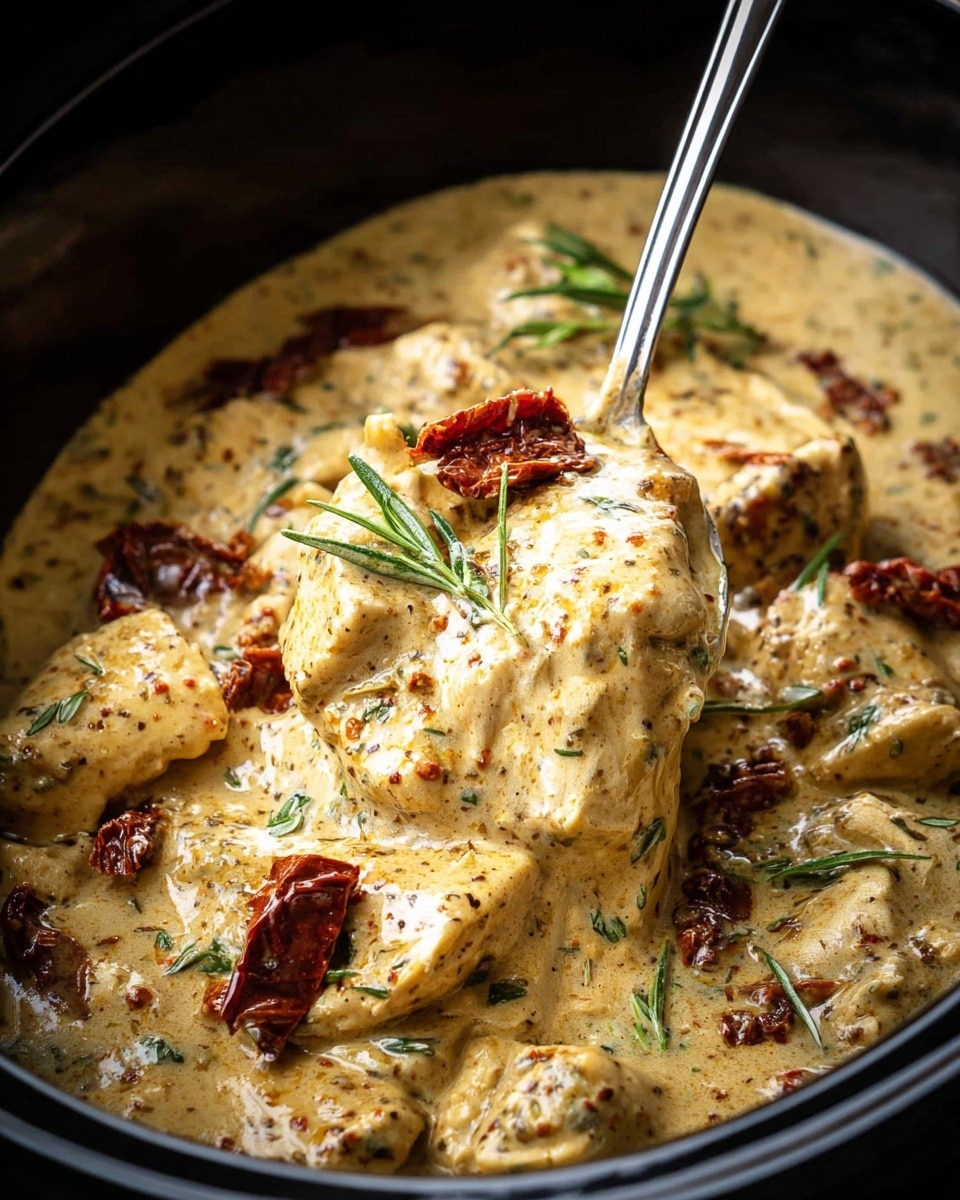 A close-up view of a creamy dish in a slow cooker, with a thick, pale yellow sauce speckled with herbs and spices covering chunks of tender chicken. The sauce has a smooth, slightly textured look with visible bits of seasoning. Scattered on top are deep red sun-dried tomato pieces and small sprigs of fresh green rosemary, adding color contrast and texture. A metal spoon lifted within the sauce shows the generous coating over the chicken pieces. The slow cooker has a dark interior, which frames the rich-looking creamy mixture. photo taken with an iphone --ar 4:5 --v 7