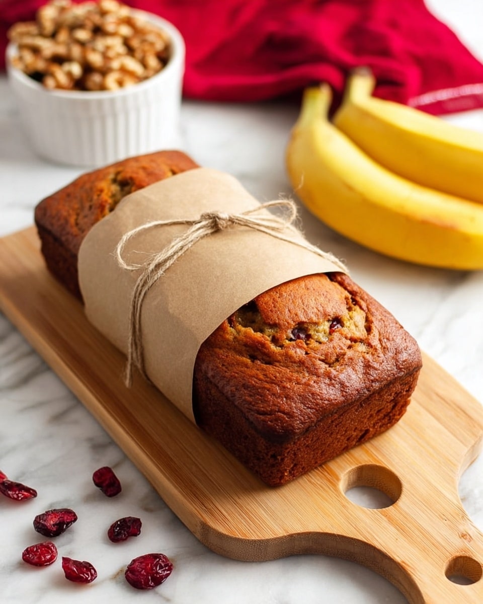 A golden brown banana bread loaf with a slightly cracked top, wrapped halfway in plain brown paper and tied with a thin twine bow, resting on a light wooden board with a round cut-out handle on a white marbled surface. Scattered dried cranberries lie to the lower left of the board. In the background to the right, there are two yellow bananas with brown stems, and behind the loaf, a white bowl filled with walnuts sits on a white marbled surface next to a red cloth. photo taken with an iphone --ar 4:5 --v 7