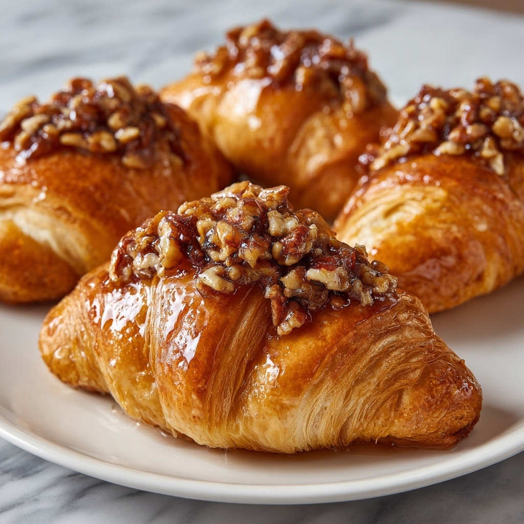 Four golden brown croissants sit on a white plate, each topped with a shiny glaze and a small pile of chopped nuts. The croissants are filled with whole pecans visible from the side, showing the flaky, layered texture of the pastry. The plate rests on a white marbled surface with small bowls and a jar blurred in the soft background. The warm light highlights the croissants’ crisp layers and nutty toppings, giving a fresh and inviting look. photo taken with an iphone --ar 4:5 --v 7