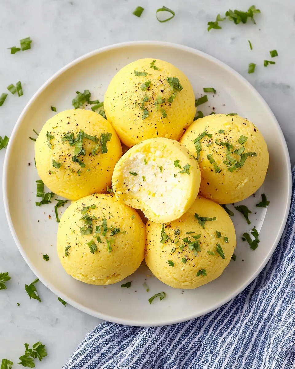 Five small, round, yellow balls with a smooth texture sit on a white plate, arranged in a flower shape with one ball in the center cut open to show a soft, creamy inside with green herbs. Each ball is sprinkled lightly with finely chopped green herbs and a touch of black pepper. Scattered green herbs add a fresh look around the balls on the plate. A blue and white striped cloth is partially visible near the top edge, all placed on a white marbled surface. photo taken with an iphone --ar 4:5 --v 7