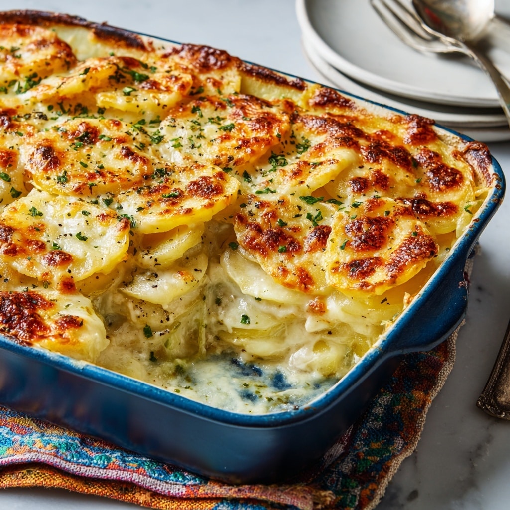 A close-up view of a baked dish showing about three layers of thinly sliced potato pieces covered in a creamy, pale yellow sauce, topped with melted golden-brown cheese with some browned spots, sprinkled with chopped green herbs and black pepper. The dish is in a blue baking pan placed on a colorful cloth, beside a white plate with a silver fork on a white marbled surface. Photo taken with an iphone --ar 4:5 --v 7
