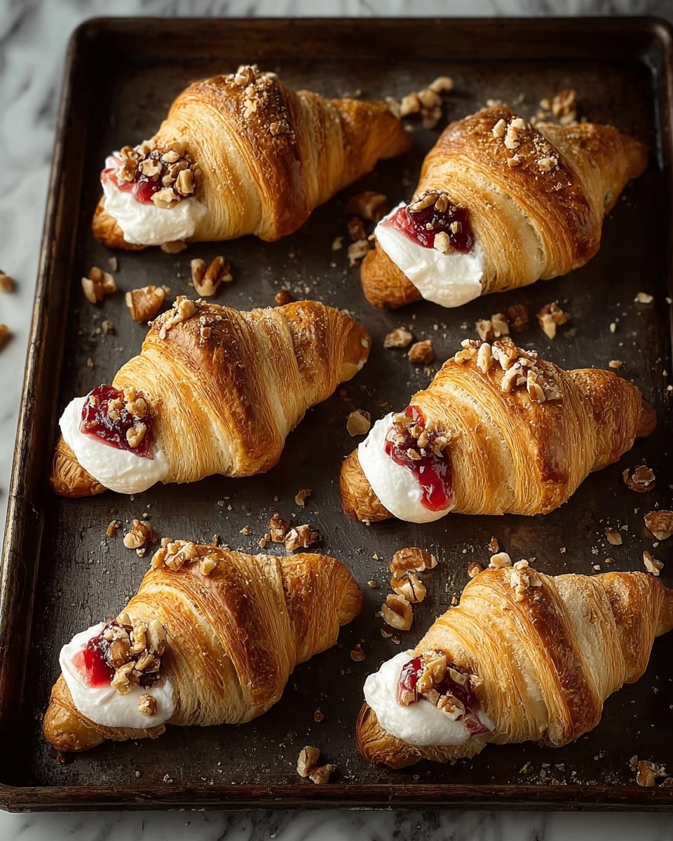 The image shows six golden-brown croissants arranged on a dark baking tray. Each croissant is filled at both ends with a white creamy layer topped with red jam and sprinkled with small pieces of nuts. The croissants have a crispy, flaky texture with slightly darker toasted edges. Additional nut pieces are scattered around the tray, adding a rustic touch to the presentation. The background is a white marbled texture. photo taken with an iphone --ar 4:5 --v 7
