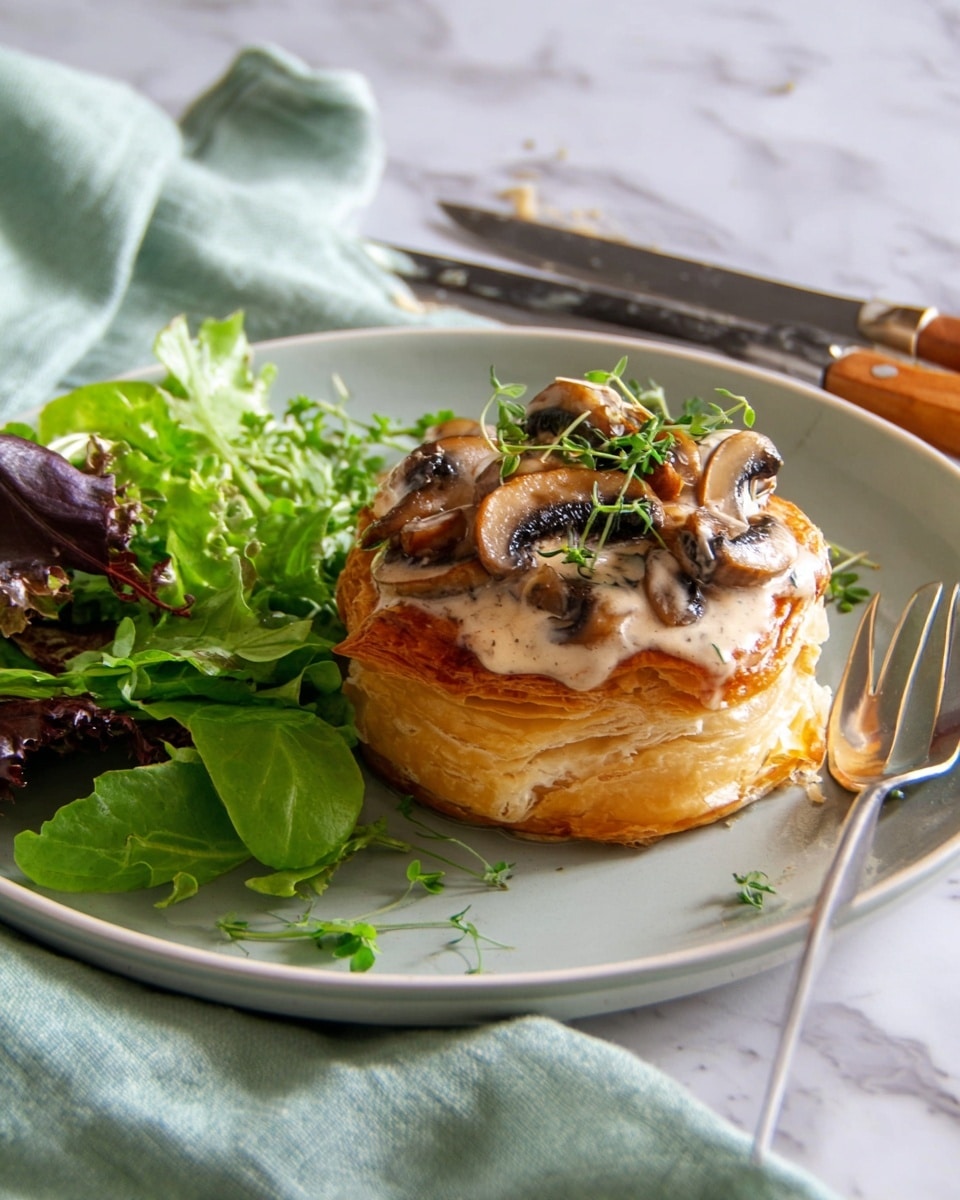 A round puff pastry base with golden, flaky layers forms the bottom layer on a white plate. On top, there is a layer of creamy mushroom sauce with visible chunks of sautéed mushrooms in light brown and white colors, sprinkled with fresh green herb sprigs. Beside the pastry is a small pile of fresh green salad leaves, with some leaves showing darker purple edges. The dish is set on a white marbled surface with a knife and fork nearby, and a light green cloth is partially visible to the left. photo taken with an iphone --ar 4:5 --v 7