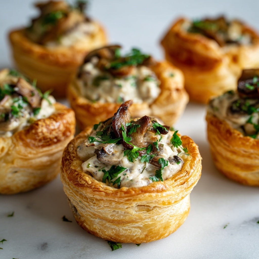 The image shows several puff pastries placed on a white marbled surface. Each pastry has multiple light golden brown, crispy layers stacked to form a hollow cup shape. The hollow is filled with creamy, light beige mushroom sauce mixed with bits of mushroom, topped with chopped fresh green herbs for a pop of color. The pastries are arranged in a slightly scattered manner, with one puff pastry in sharp focus in the foreground and the rest softly blurred in the background. Photo taken with an iphone --ar 4:5 --v 7