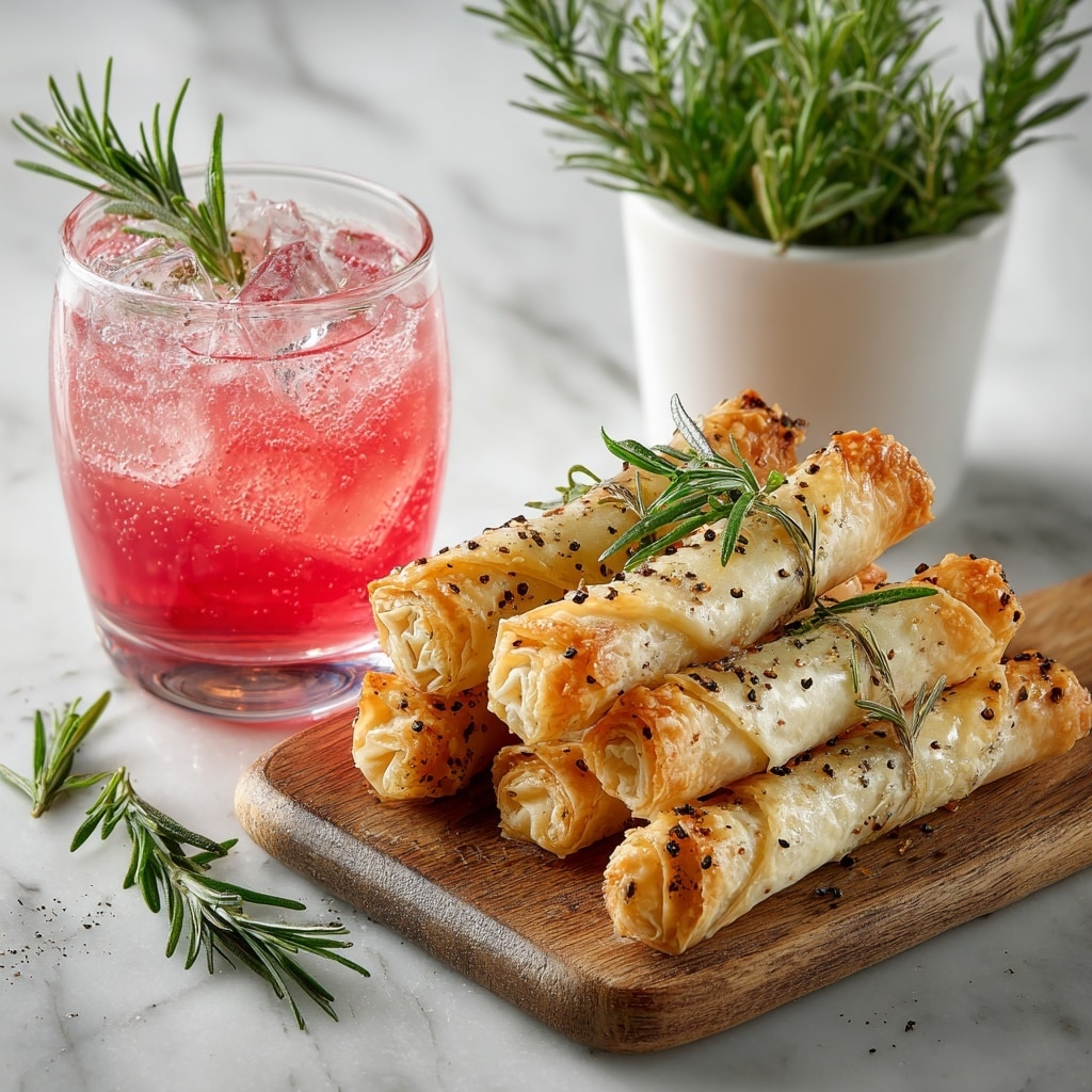A white plate holds six neatly arranged golden-brown spring rolls, each with a crispy, flaky exterior and garnished with small green sprigs of rosemary and a few black sesame seeds scattered on top. To the back left of the plate is a small clear glass filled with a bright pink drink and a rosemary sprig inside. On the right side behind the plate is a white pot with green rosemary, all placed against a black background on a white marbled surface. Photo taken with an iphone --ar 4:5 --v 7