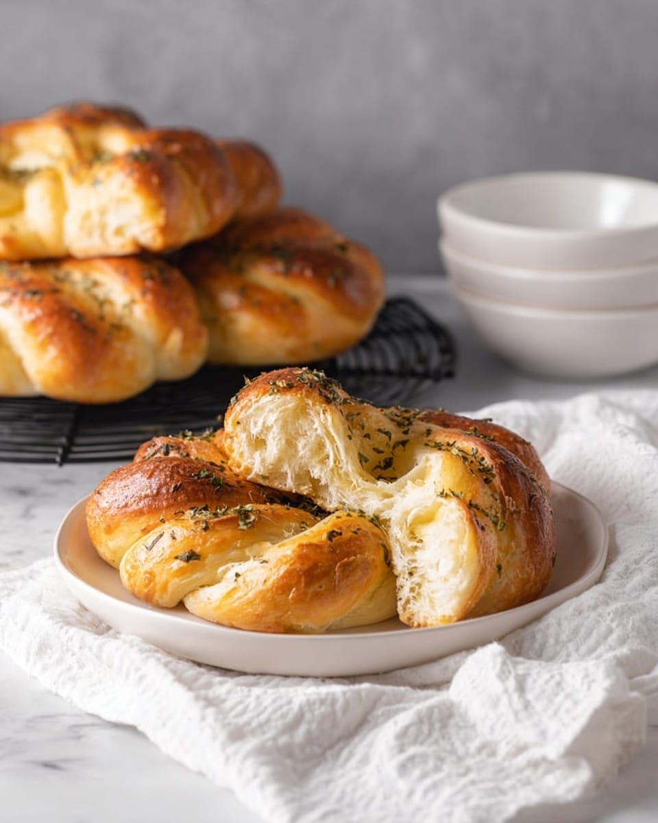 A large, golden-brown twisted bread shaped like a flower with multiple twisted segments radiating from the center, each segment showing a shiny, herb-speckled crust with visible flecks of seasoning and a soft, flaky texture inside. Behind the bread is a white bowl with a honeycomb pattern filled with a dark golden liquid dressing speckled with herbs and spices. To the left, there are stacked white plates with two forks resting on top, all placed on a surface with a white marbled texture, and a white cloth casually draped in the background. The photo taken with an iphone --ar 4:5 --v 7