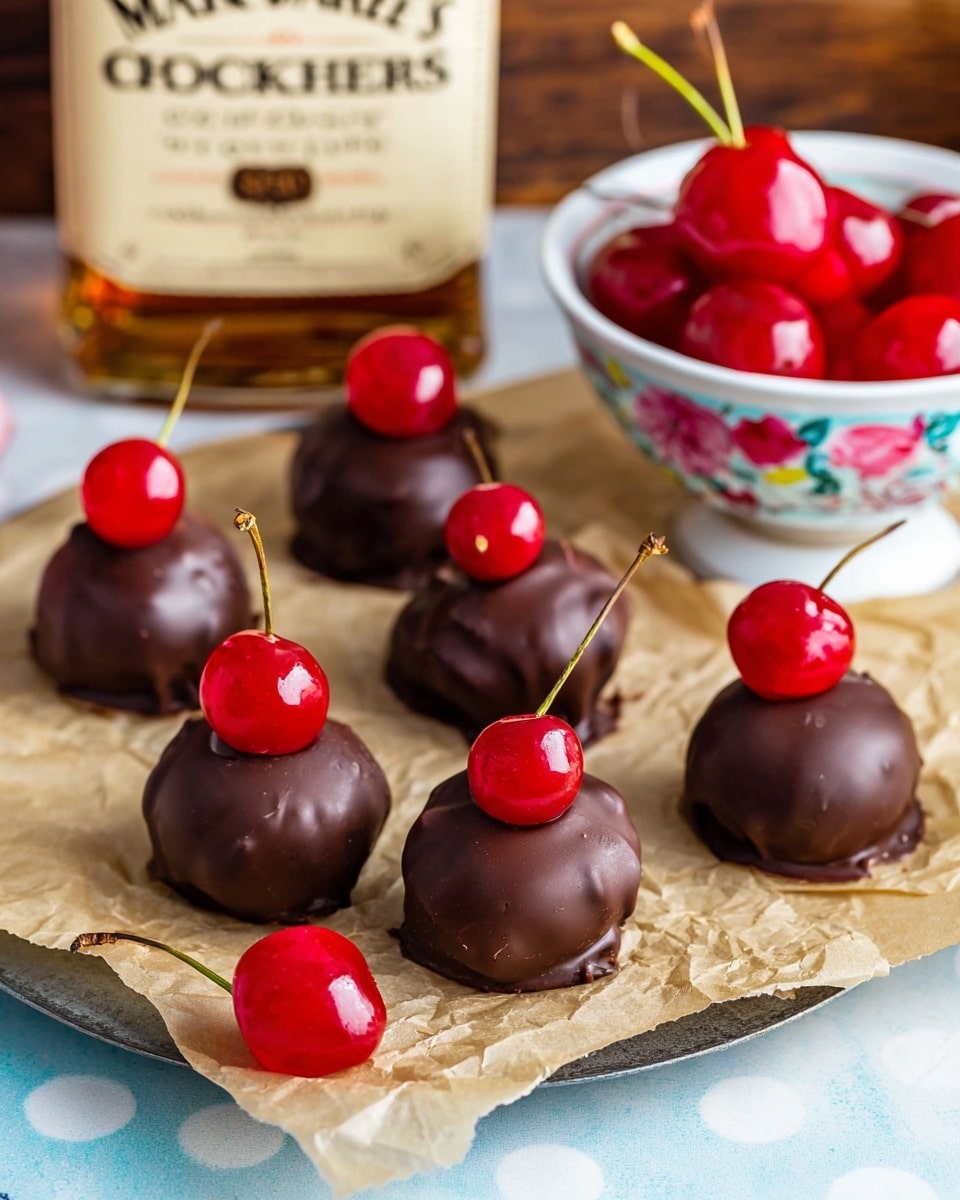 This image shows small round chocolate-covered treats with a shiny dark brown outer layer that is slightly textured and uneven. Each treat is topped with a bright red glossy cherry. One treat in the front has a bite taken from it, revealing three layers: a thin dark chocolate shell on the outside, a creamy off-white interior with small red bits inside, and a dark base layer at the bottom. The treats are placed on a beige paper on top of a surface with a white marbled texture, with more treats blurred in the background. photo taken with an iphone --ar 4:5 --v 7