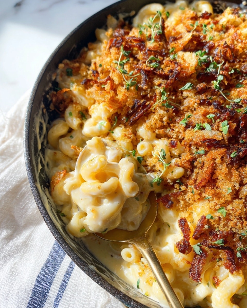 The image shows a close-up of a skillet filled with creamy macaroni and cheese topped with golden brown crispy breadcrumbs and caramelized onions, scattered with small green herb leaves. The macaroni pasta is coated in smooth, melted cheese that looks rich and thick. The top layer is a crunchy, toasted breadcrumb topping with caramelized bits that add texture and a browned, slightly crispy look. The skillet rests on a white marbled surface with a white cloth with blue stripes underneath. A golden spoon is partially dipped into the macaroni and cheese, scooping a portion with the creamy pasta and topping visible. Photo taken with an iphone --ar 4:5 --v 7