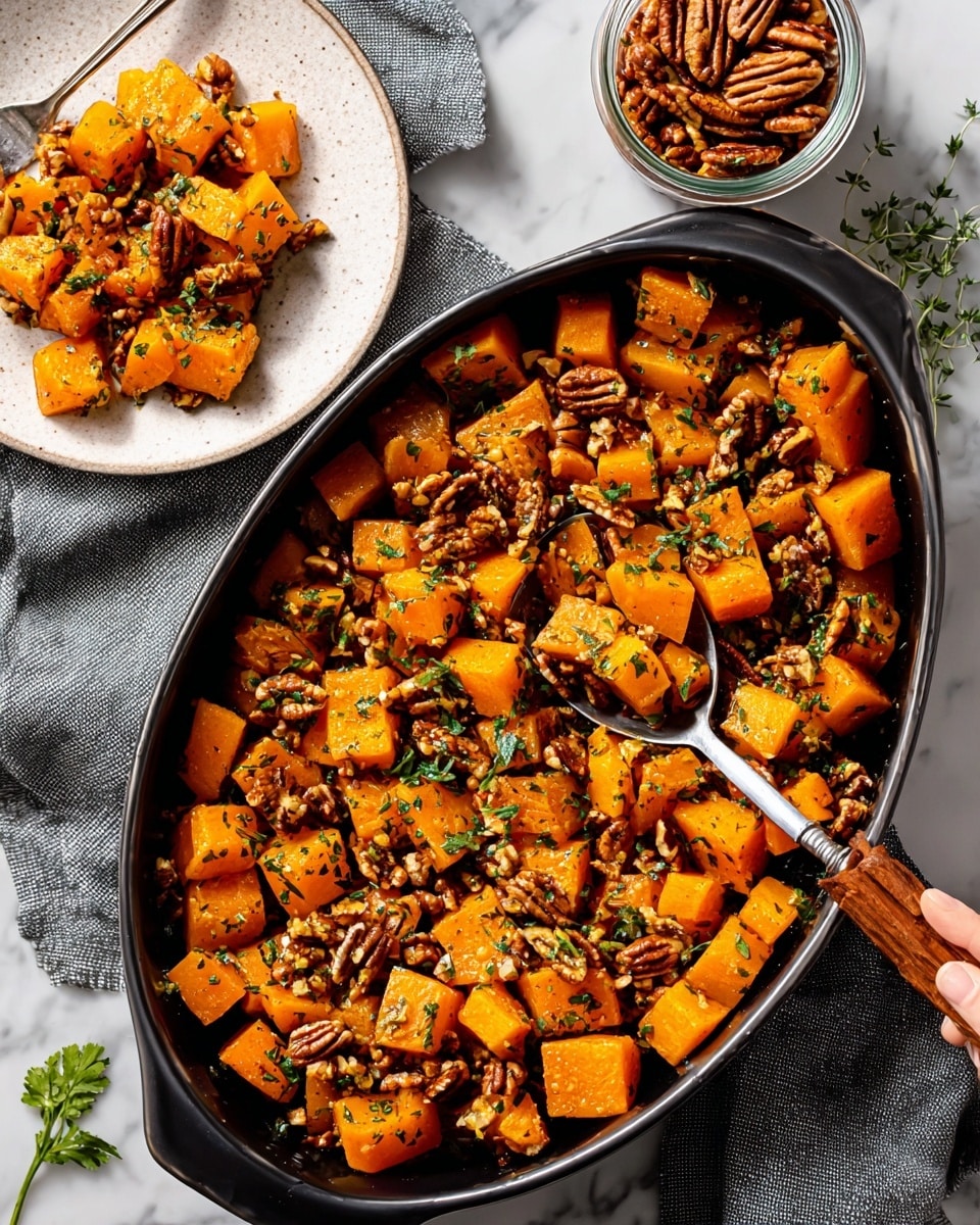 The image shows a black oval baking dish filled with roasted orange cubes of butternut squash, mixed with chopped pecans and sprinkled with fresh green herbs. The squash pieces are evenly spread over two layers, with a slightly glossy, roasted texture. A silver spoon with a wooden handle is placed inside the dish, resting on the squash. Nearby, a white plate holds a smaller portion of the same dish, and to the right, there is a glass jar filled with pecans. The whole scene is set on a white marbled surface with a gray cloth partially underneath the baking dish. A woman's hand is visible holding the spoon in the dish. Photo taken with an iphone --ar 4:5 --v 7