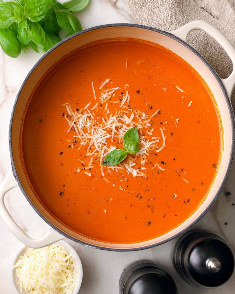 The image shows two white bowls filled with creamy orange tomato soup, each topped with a layer of shredded white cheese and a sprinkle of black pepper. One bowl features two fresh green basil leaves neatly placed on top. The bowls sit on a white marbled surface alongside a small white bowl filled with more shredded cheese and two dark pepper and salt grinders. Bright green basil leaves peek from the top left corner, adding freshness to the scene. photo taken with an iphone --ar 4:5 --v 7