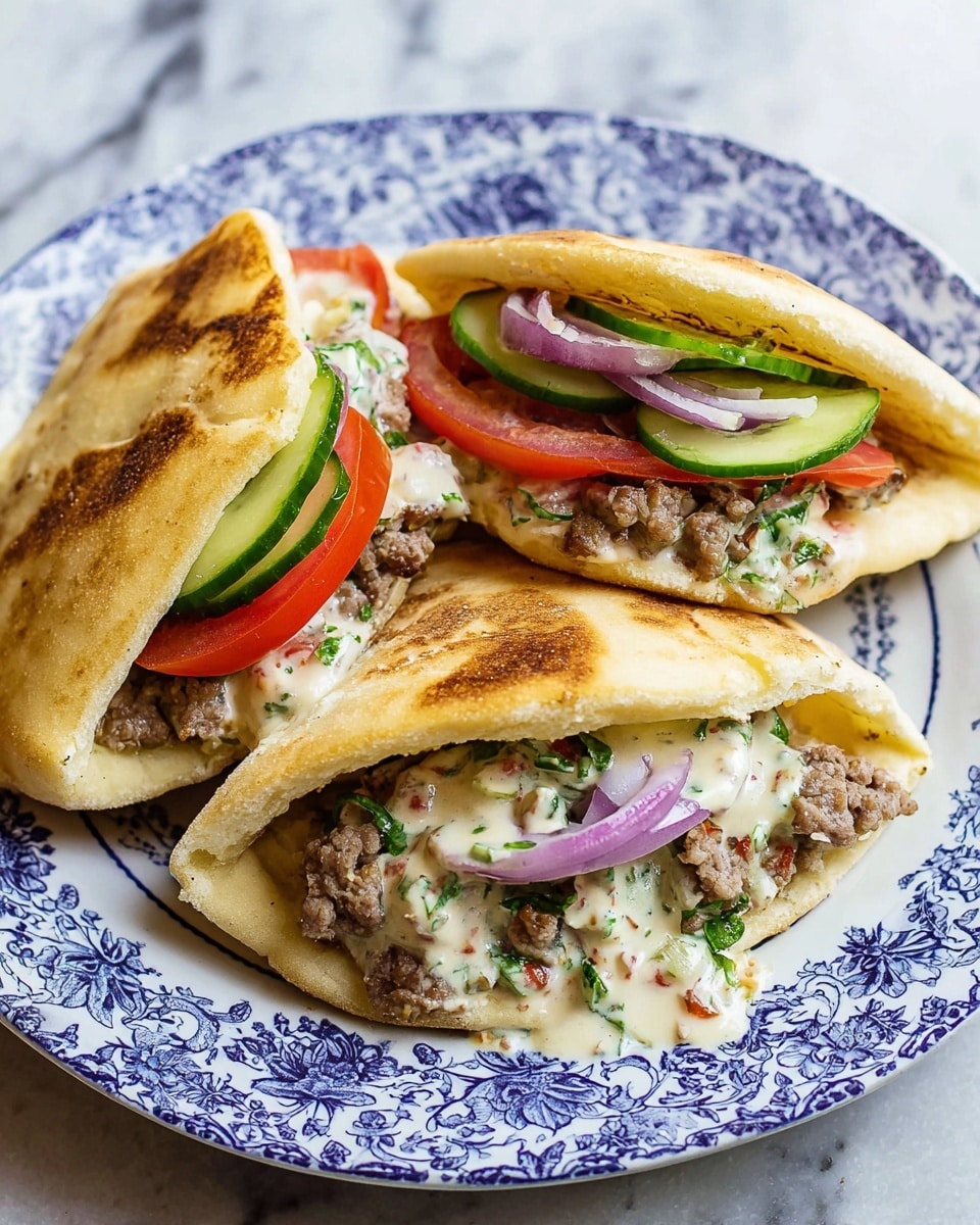 A close-up of a pita sandwich held by a woman's hand, showing inside layers of cooked ground meat mixed with green herbs, bright red tomato slices, thin purple onion slices, and green cucumber pieces, all topped with a drizzle of white sauce. The pita bread is toasted to a light golden brown on the outside and soft on the inside, with a textured, airy interior holding the filling. The sandwich rests on a white plate with blue patterns, placed on a white marbled surface. photo taken with an iphone --ar 4:5 --v 7