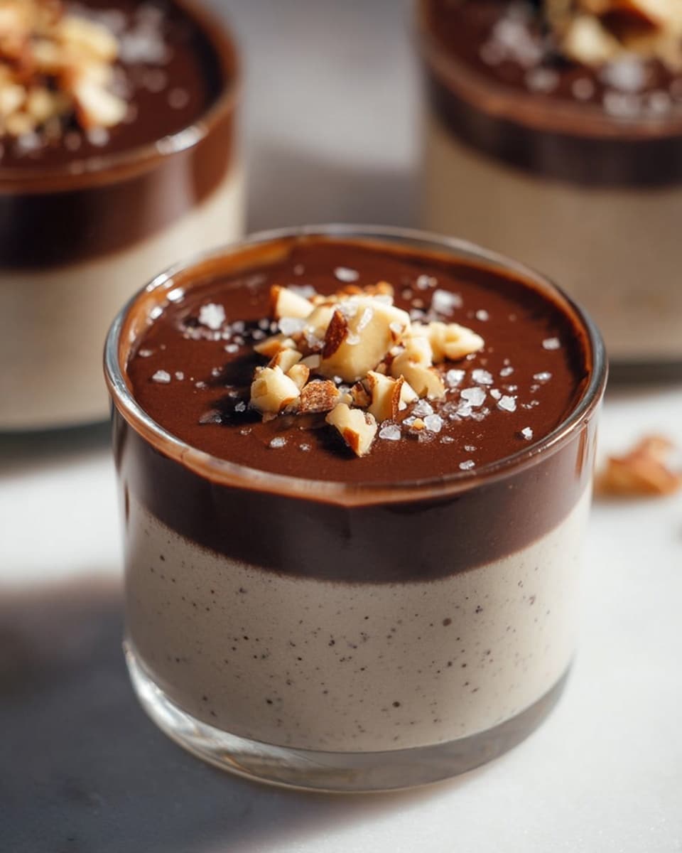 The image shows a dessert in a clear glass cup with two layers: the bottom layer is light beige with small dark specks, smooth and creamy in texture, while the top layer is a thick, glossy dark brown chocolate ganache. On top of the chocolate layer, there are scattered small pieces of chopped nuts and a few flakes of coarse salt. The glass cup is placed on a white marbled surface, and soft natural light casts gentle shadows around it, highlighting the shiny texture of the chocolate. In the background, there are blurred similar dessert cups. photo taken with an iphone --ar 4:5 --v 7