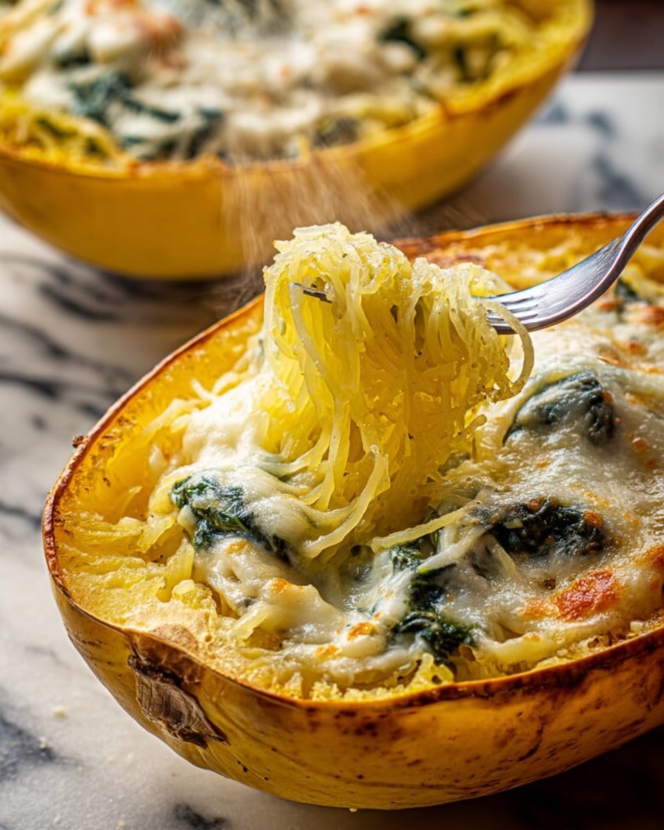A close-up of a hollowed yellow spaghetti squash half filled with creamy baked pasta layers; the first layer is soft yellow spaghetti strands, some lifted by a fork showing their thin, stringy texture, next is a creamy white cheese sauce with patches of melted, slightly browned cheese on top, scattered with dark green spinach leaves. The squash's yellow shell forms the outer edge, slightly rough and cooked. The dish is on a white marbled surface with steam rising, hinting it is hot. A fork lifts a portion, showing the inside layers clearly. Another similar squash half is blurred in the foreground. Photo taken with an iphone --ar 4:5 --v 7