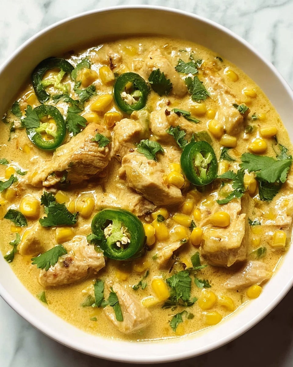 A bowl filled with a creamy yellowish sauce containing tender pieces of chicken and small bright yellow corn kernels. The dish is garnished with fresh green cilantro leaves and thin slices of green jalapeño peppers scattered on top. The sauce has a smooth texture with some visible herbs and spices mixed in, creating a rich and hearty look. A spoon rests inside the bowl, ready to scoop the flavorful stew. The bowl is white and is placed on a white marbled surface, with a small sprig of cilantro nearby. Photo taken with an iphone --ar 4:5 --v 7