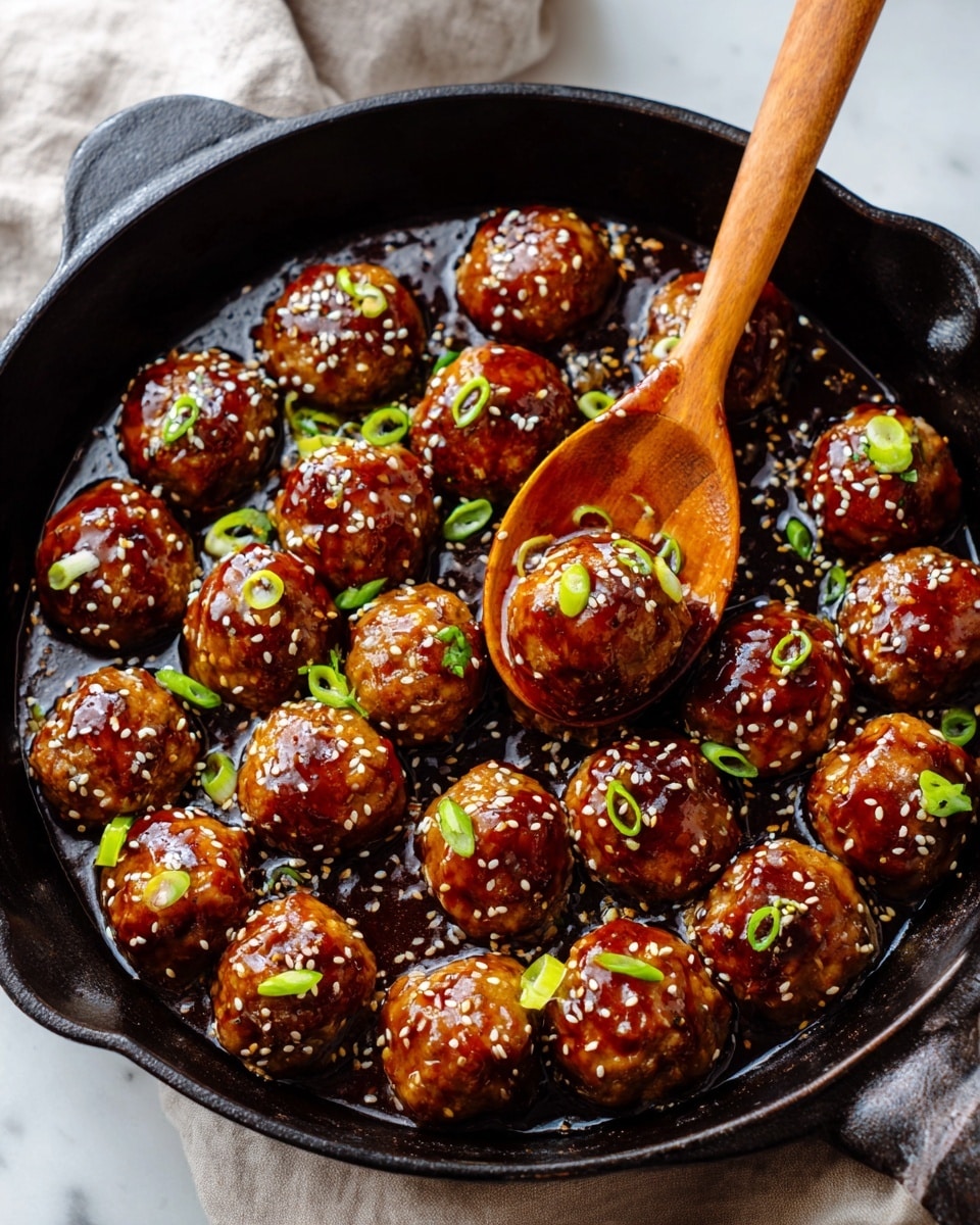 A white bowl filled with shiny brown meatballs coated in glossy sauce, some topped with small green onion pieces; a gold fork is lifting one meatball above the bowl, with sauce dripping from it, all set on a white marbled surface. photo taken with an iphone --ar 4:5 --v 7