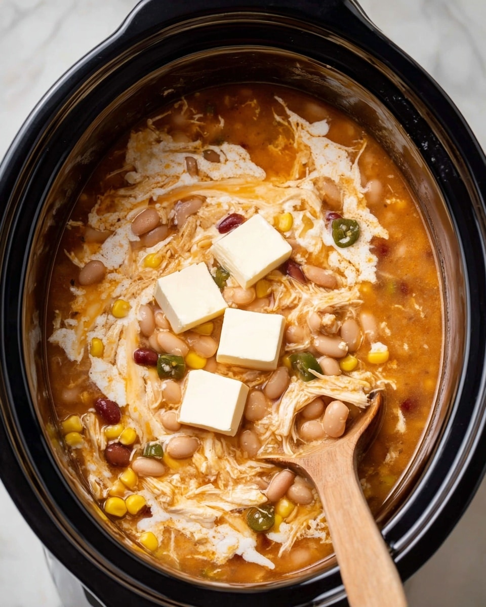 A white bowl filled with creamy, light orange soup with visible chunks of shredded chicken, yellow corn kernels, and white beans scattered throughout. There is a dollop of white sour cream in the center topped with two bright green cilantro leaves. A silver spoon is placed inside the soup on the right side of the bowl. The bowl rests on a beige cloth on a white marbled surface. photo taken with an iphone --ar 4:5 --v 7