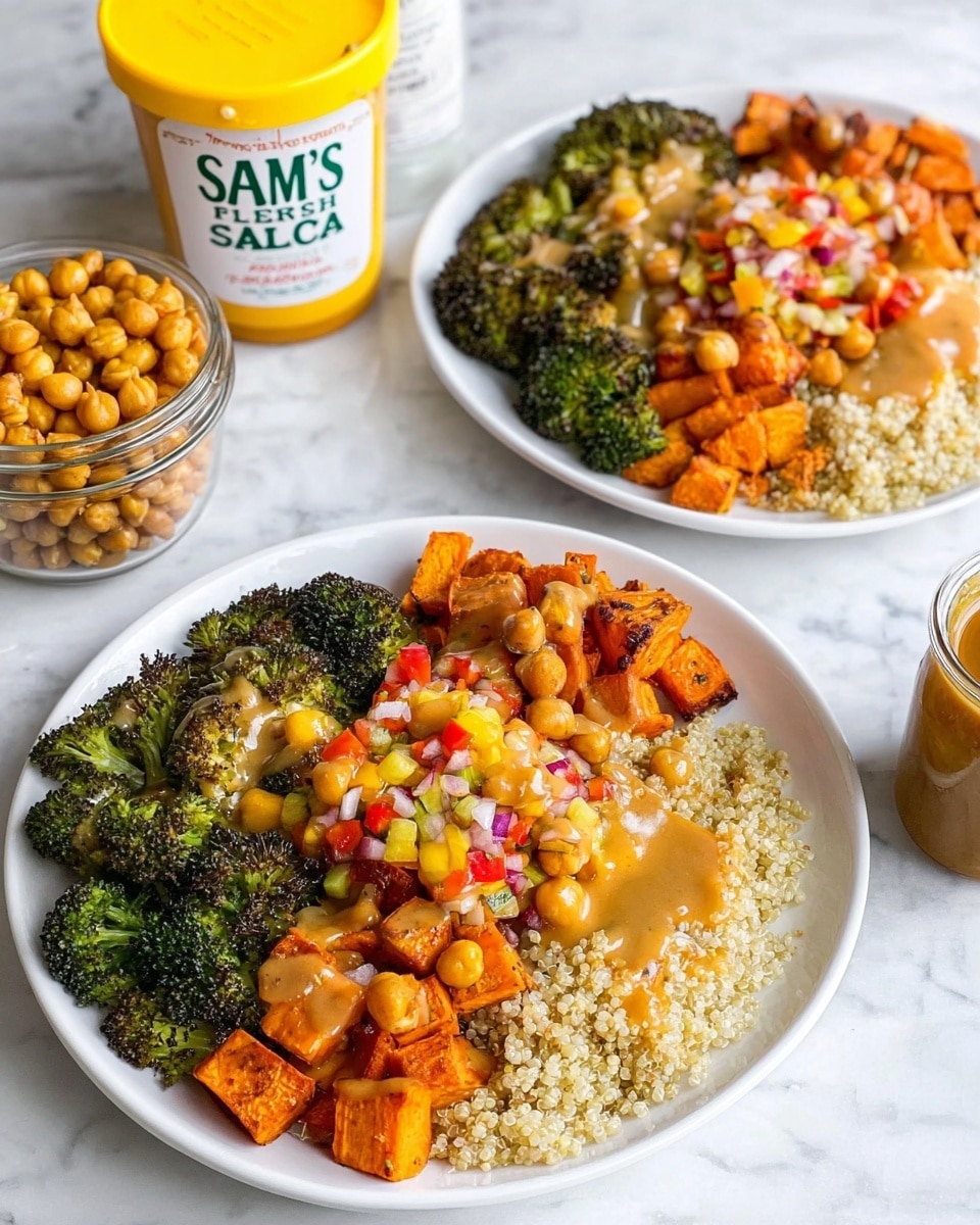 A white bowl filled with multiple colorful layers of food sits on a white marbled surface. The bottom layer is light beige grains, likely quinoa, with a soft texture. On top, there are bright green broccoli florets and edamame beans on the left side, both fresh and crisp. Next to them, thick slices of bright green avocado are fanned out. The upper right portion is filled with orange roasted sweet potato cubes mixed with brown chickpeas. A brown sauce is drizzled over everything, and there are white sesame seeds sprinkled across the bowl along with small red chili flakes and chopped green herbs. A gold spoon rests inside the bowl, angled from the bottom toward the lower left. In the background, two small white bowls with seasonings are partly visible. Photo taken with an iphone --ar 4:5 --v 7