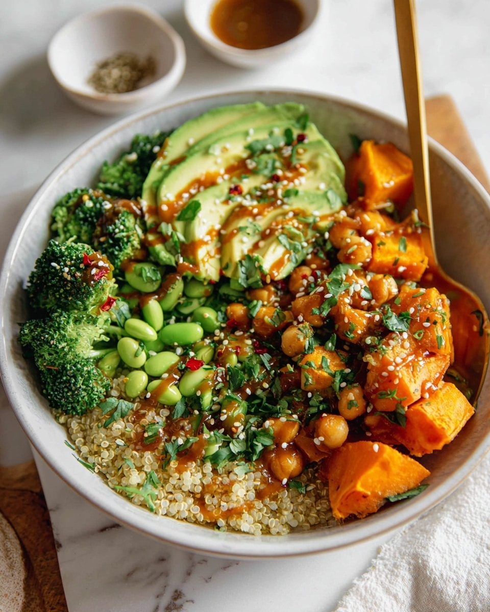 Two white plates sit on a white marbled surface, each with a layered dish. The bottom layer is light-colored quinoa with a fluffy texture, topped with bright green roasted broccoli florets on one side. Next to the broccoli, there are orange roasted sweet potato cubes with a slightly crisp edge. Golden chickpeas scatter over all the layers. In the center of each plate is a colorful salsa made of small, finely chopped pieces of yellow, red, and white vegetables. A light brown sauce is drizzled over the broccoli, sweet potatoes, and chickpeas. In the background, a glass bowl filled with golden chickpeas and a white container with a yellow lid labeled “SAM’S FRESH SALSA” are visible. A glass jar with more light brown sauce is placed to the side. photo taken with an iphone --ar 4:5 --v 7