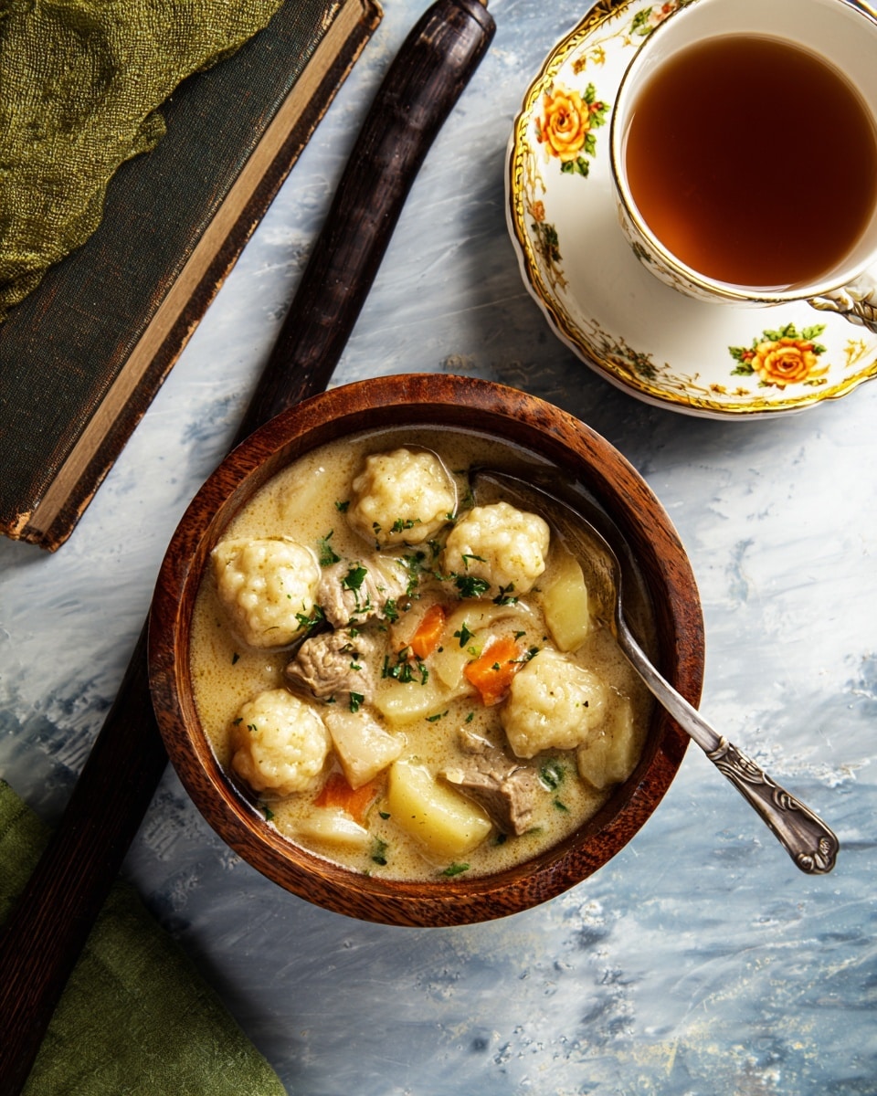 A wooden bowl filled with thick chicken and dumplings stew, showing large, soft white dumplings scattered throughout a creamy, beige broth. The stew contains orange carrot sticks, brown chunks of chicken, and pieces of green herbs sprinkled on top. A silver spoon rests inside the bowl. The bowl is placed on a white marbled surface, with an old wand laying beside it. Behind the bowl, there's a white ornamental teacup with a brown liquid inside, sitting on a matching saucer decorated with small orange and green floral designs. A textured, greenish cloth and some old books are blurred in the background. photo taken with an iphone --ar 4:5 --v 7