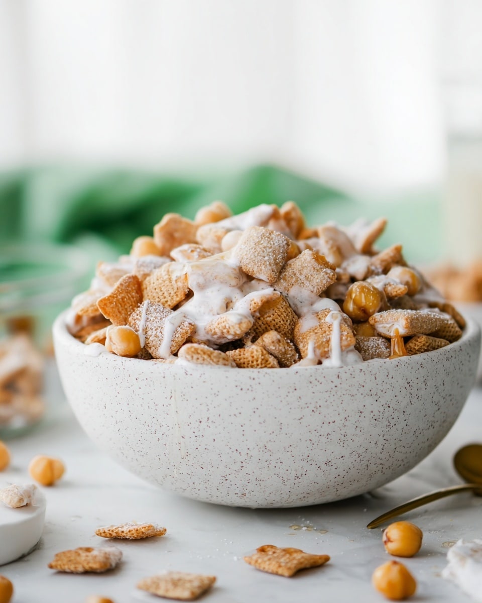 A white plate on a white marbled surface holds a pile of square-shaped cereal pieces covered with powdered sugar, giving them a light white dusted look; mixed in are a few visible peanut halves with a tan color and some small round brown nuts scattered nearby. In the background, there is a half of a red apple with a pale yellow inside placed slightly tilted on the plate. The overall scene is bright and clean with focused lighting showing texture details. photo taken with an iphone --ar 4:5 --v 7