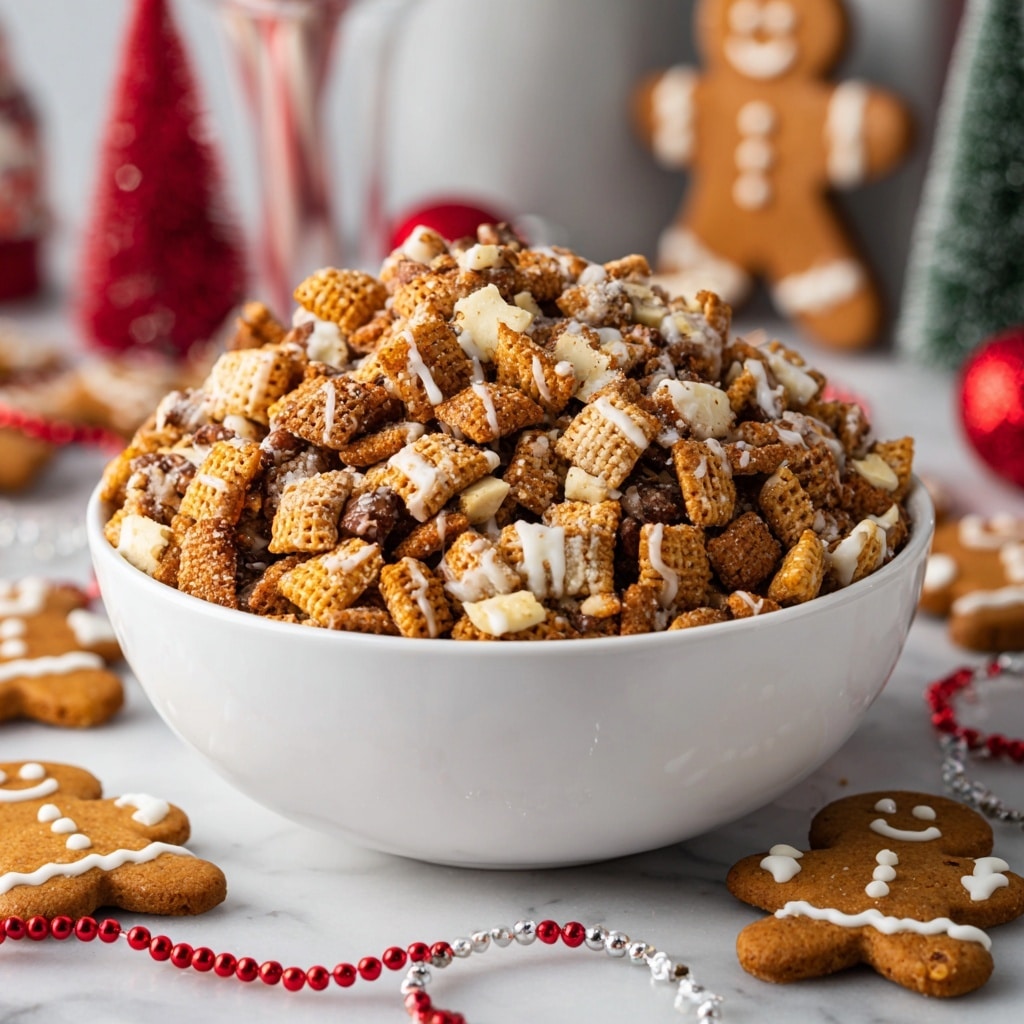 A white bowl filled with a mix of small cereal pieces in different shades of brown, gold, and tan, all covered in white drizzle and bits of nuts, creating a crunchy look. The bowl sits on a white marbled surface, surrounded by gingerbread cookies shaped like people, decorated with white icing details. A string of red and white beads adds a festive touch to the scene. The background shows a blurry tall glass and holiday decorations. Photo taken with an iphone --ar 4:5 --v 7