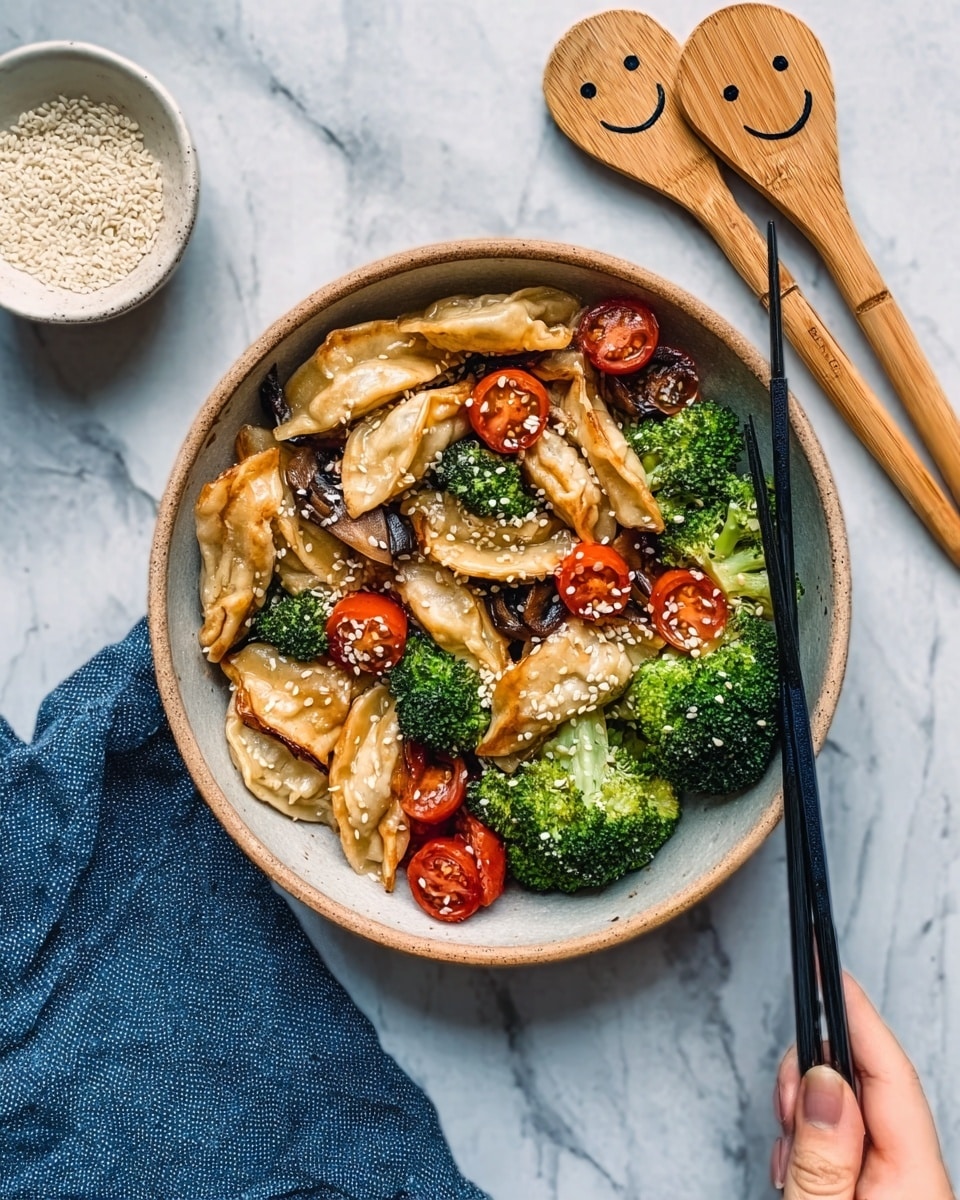 A white bowl filled with five golden-brown pan-fried dumplings on the left side, sprinkled with white sesame seeds and chopped green onions. On the right side, there is a colorful mix of sautéed vegetables including bright green broccoli florets, sliced zucchini with yellow-green skin, red bell pepper strips, and pieces of mushrooms. At the top of the bowl, a large portion of fluffy white rice completes the dish. The bowl sits on a white marbled surface with a pair of black chopsticks resting on the left edge. photo taken with an iphone --ar 4:5 --v 7