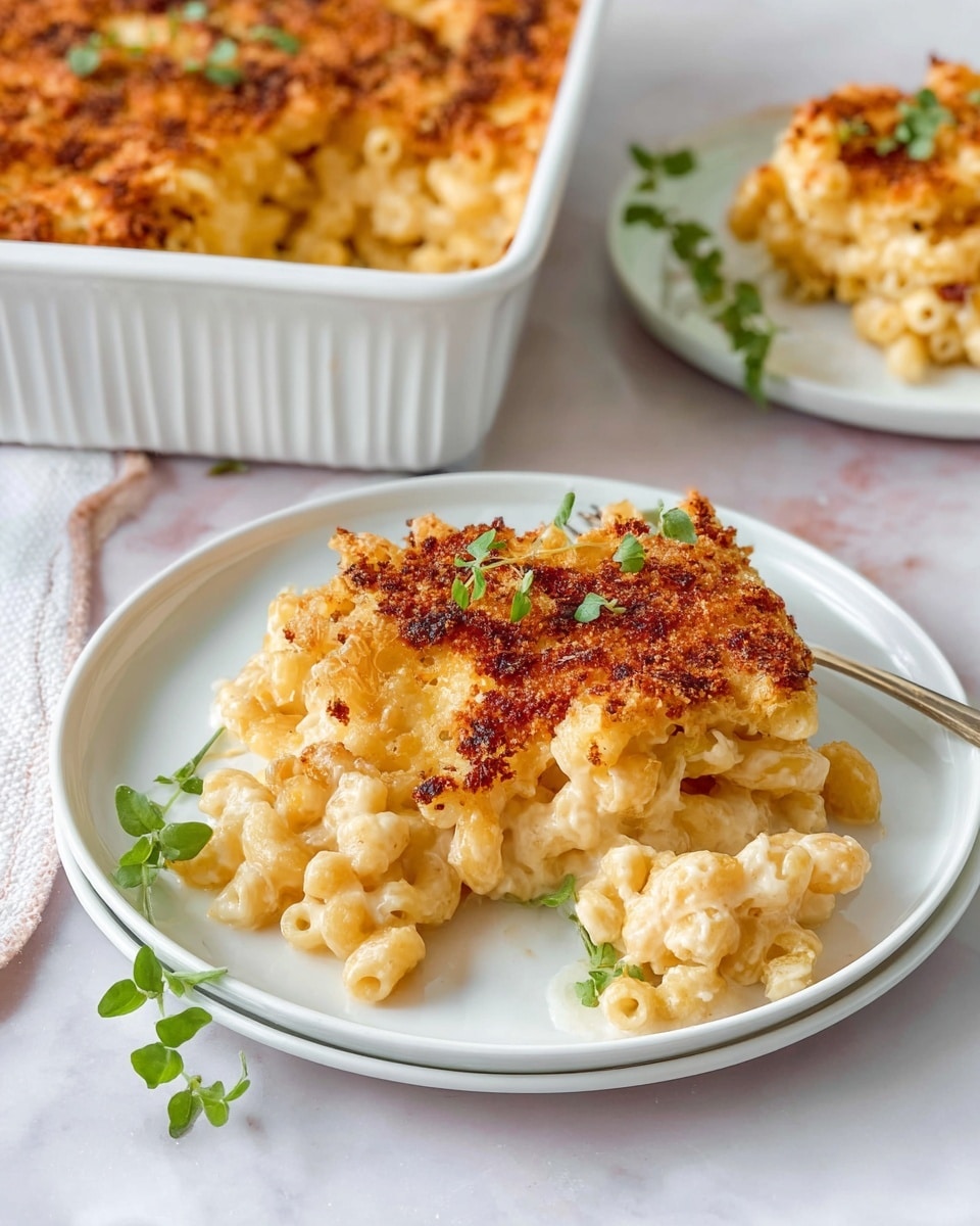 The image shows a white rectangular baking dish filled with baked macaroni and cheese topped with a thick, golden-brown breadcrumb crust. A copper spoon is inside the baking dish, partially buried in the pasta, revealing creamy, cheesy pasta and bits of browned onions underneath the crunchy topping. Next to the baking dish is a white plate containing a serving of the macaroni and cheese, with the same visible crumb topping and creamy pasta underneath. The background is a white marbled texture. Photo taken with an iphone --ar 4:5 --v 7