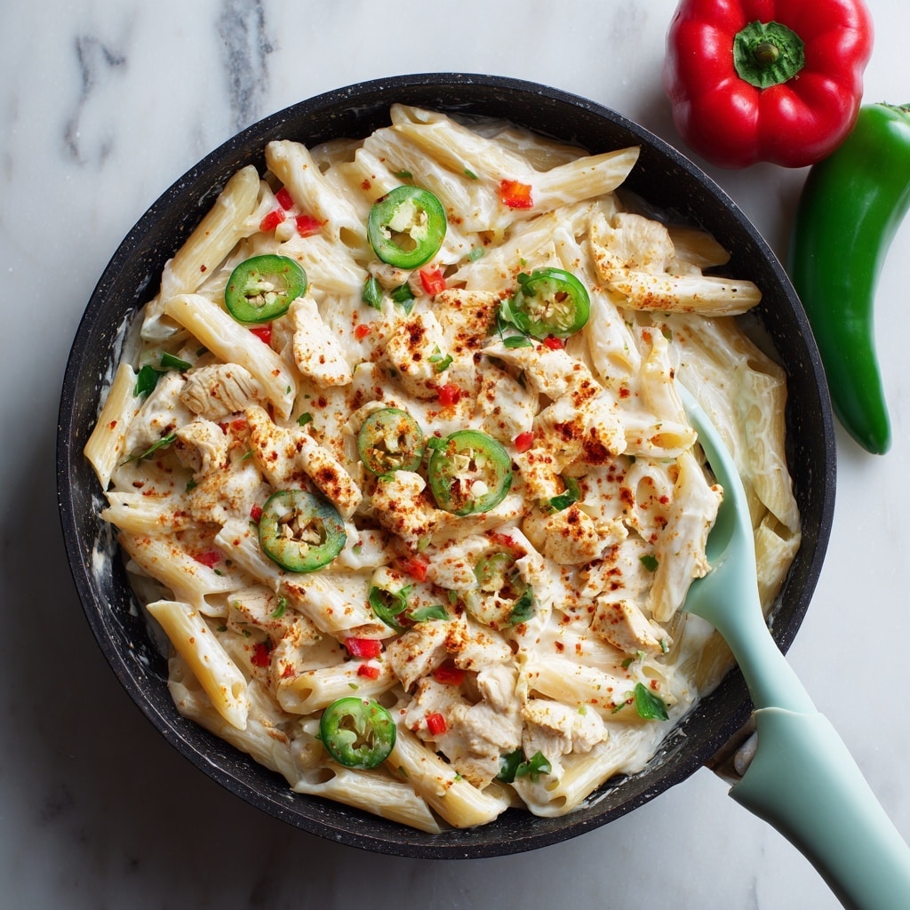 A black pan filled with creamy pasta made of two layers: the first layer consists of white penne pasta coated in a smooth white cheese sauce, and mixed with bright green slices of jalapeño and small chunks of soft-looking white cauliflower; the second layer sprinkled on top is a light dusting of reddish chili powder, and scattered pieces of diced red bell pepper adding pops of color. The pan is on a white marbled surface next to a red bell pepper and two green jalapeños, with a light blue spatula partially placed inside the pan. Photo taken with an iphone --ar 4:5 --v 7