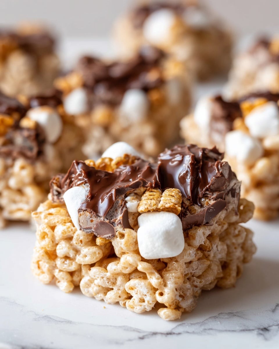 The image shows a group of square rice cereal treats stacked neatly on a white marbled surface. Each treat has a main layer packed with light golden puffed rice mixed with melted marshmallow, making it sticky and shiny. On top of each square, there are scattered small white marshmallows, broken pieces of light brown graham cracker, and chunks of dark brown Hershey's chocolate. On the upper left side, there is a toasted s'more with a brown melted chocolate layer and a golden toasted marshmallow inside two graham crackers. Around the treats, some small marshmallows and graham cracker pieces are scattered. A metal knife with a wooden handle is shown on the bottom right, and two small white bowls filled with chocolate pieces and graham cracker bits are placed near the treats. The whole scene is bright and clean with soft natural light. Photo taken with an iphone --ar 4:5 --v 7