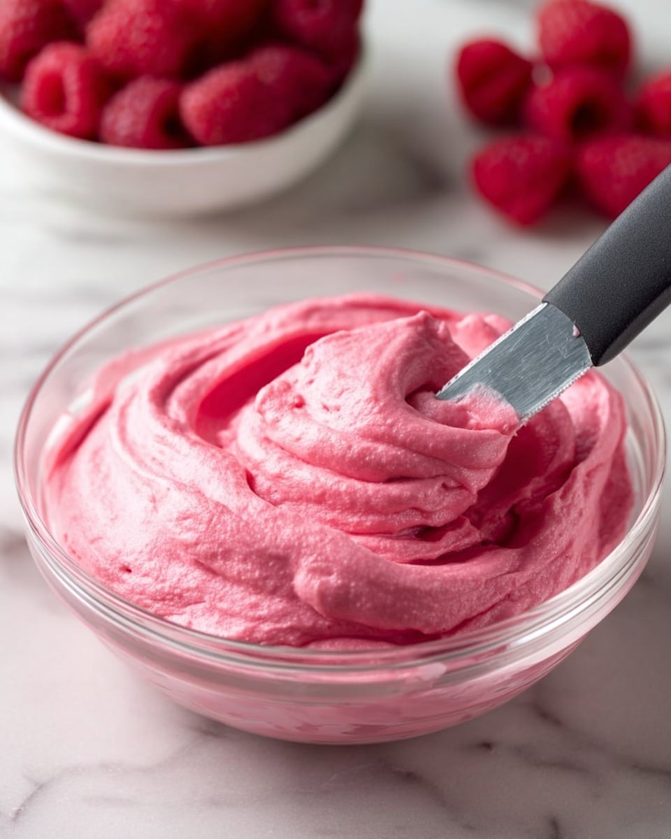 A close-up image of a single square piece of chocolate cake with a thick, smooth layer of bright pink frosting on top. The cake base is dark brown and looks moist and crumbly, while the pink frosting layer is evenly spread with slight texture lines. The cake is placed on a white plate with delicate embossed patterns, next to a fresh raspberry on the plate's edge. In the background, there is a white bowl filled with more raspberries and a glass of milk, all set on a white marbled surface. A fork lies near the edge of the plate. photo taken with an iphone --ar 4:5 --v 7