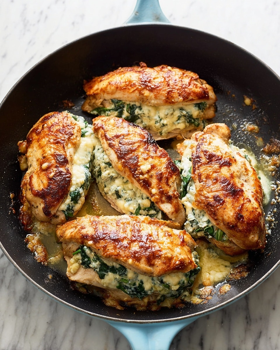 A close-up image of a cooked chicken breast stuffed with a creamy spinach and cheese filling. The dish shows two main layers: a golden-brown, slightly crispy chicken exterior on top, with visible seasoning and a soft inside layer of white and green spinach mixture spilling out from the chicken. The chicken rests on a white plate against a white marbled surface. In the background, there are bright green steamed green beans and a portion of mashed potatoes with a smooth, creamy texture. Photo taken with an iphone --ar 4:5 --v 7