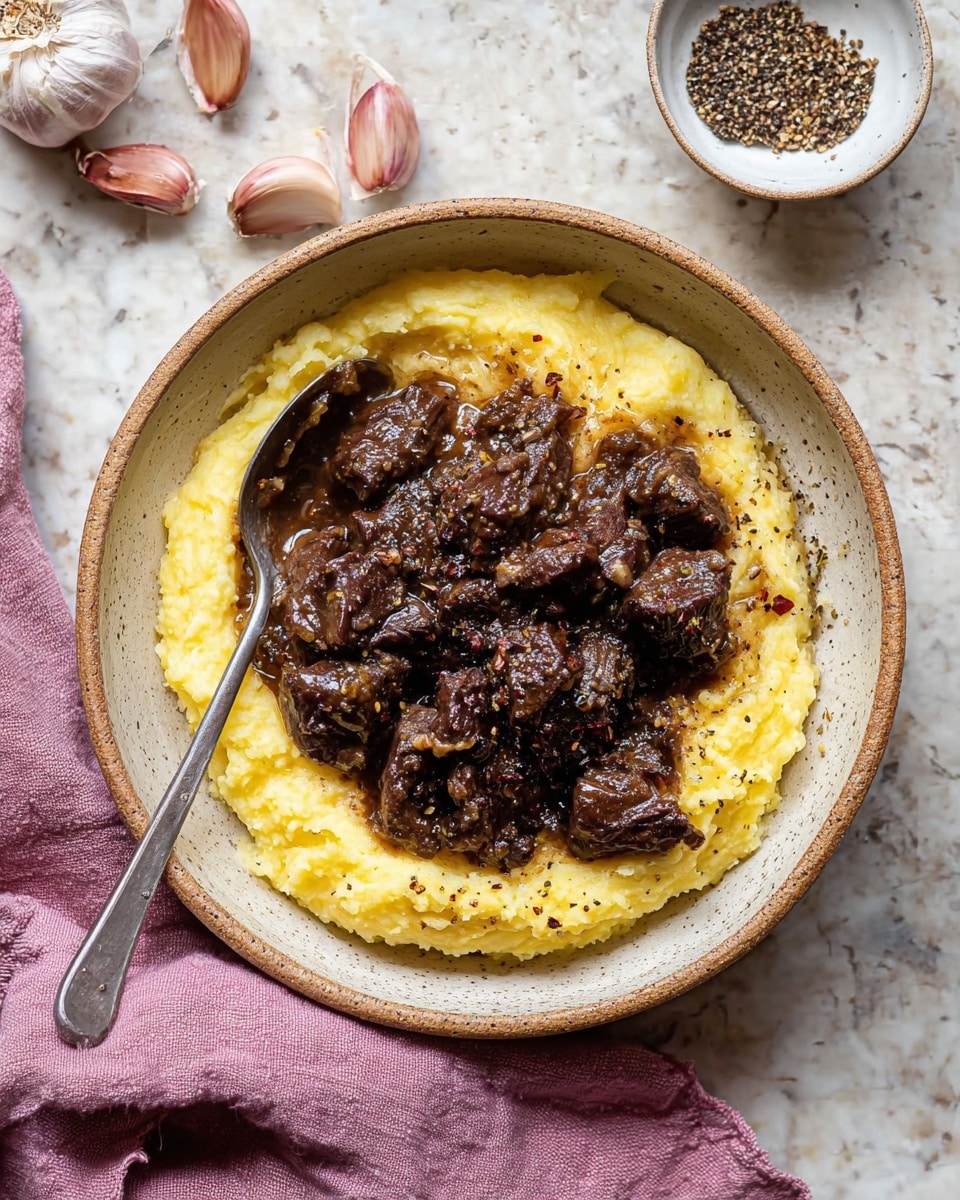 A bowl with one layer of creamy yellow mashed potatoes topped with a thick layer of dark brown beef stew pieces, covered in a rich sauce with small bits of onions, sprinkled with black pepper. A silver spoon leans inside the bowl on the left side. The bowl sits on a white marbled surface with garlic cloves scattered on the left and a small white bowl with cracked black pepper on the right. A pink cloth is placed partially under the bowl on the left side. Photo taken with an iphone --ar 4:5 --v 7