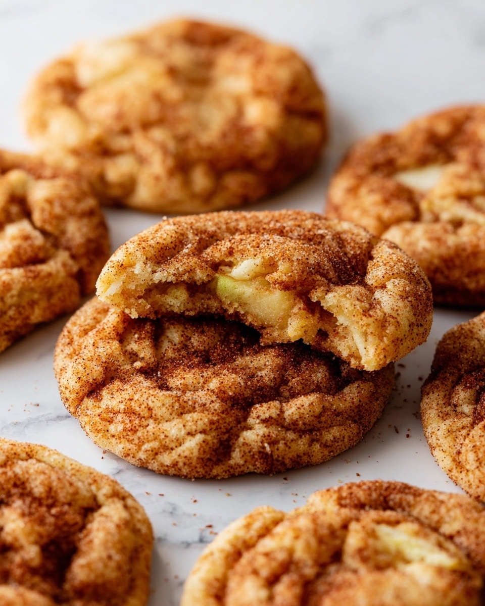 The image shows several round, golden-brown muffins on a metal cooling rack with a grid pattern, placed on a white marbled surface. Each muffin has a textured top with visible swirls of light and darker brown shades from a cinnamon sugar coating, with small chunks of apple peeking through the surface. The muffins look soft and slightly glossy, with a rustic and homemade appearance. To the left of the muffins, there are two cinnamon sticks lying next to each other. The photo focuses closely on the muffins, capturing details of the cinnamon dusting and the moist texture beneath. photo taken with an iphone --ar 4:5 --v 7