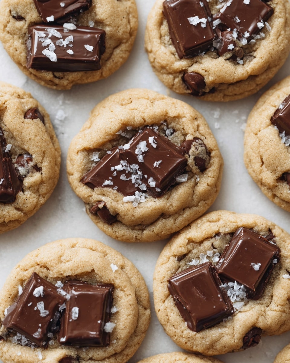 The image shows several soft, round cookies with a light golden-brown color, each topped with two large, square pieces of dark chocolate slightly melted on the surface. The cookies have visible darker chocolate chips mixed inside the dough, and a few are sprinkled generously with coarse sea salt crystals that glisten. The cookies are placed close together on a white marbled surface, highlighting the warm tones of the baked dough and the dark chocolate. The texture of the cookies looks chewy with slight cracks and a soft inside. photo taken with an iphone --ar 4:5 --v 7