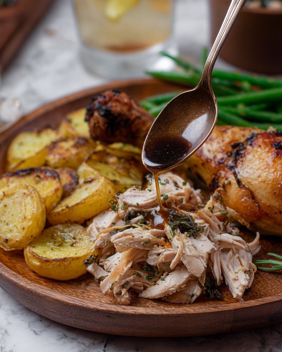 The image shows a wooden plate with a meal made of three main parts: in the front, there is shredded cooked chicken with herbs scattered on top, and dark brown gravy being poured over it from an old spoon held from above; behind the chicken are round slices of roasted golden brown potatoes with some darker charred spots, and at the back, a chicken drumstick with crispy golden skin leaning against a small pile of fresh green beans. The background and surface are a white marbled texture, and there is a glass with a light beverage blurred in the background. Photo taken with an iphone --ar 4:5 --v 7