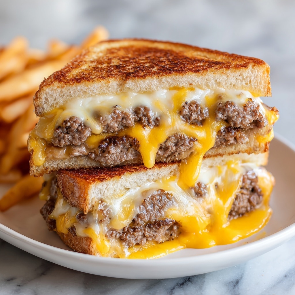 The image shows a thick sandwich on a white plate, with melted cheese dripping down the sides. The sandwich has two slices of golden brown toasted bread as the top and bottom layers. Inside, there are at least two layers of cooked beef patties, each covered with smooth, melted yellow cheese that looks creamy and soft. The melted cheese flows over the edges onto the plate below. The sandwich is cut in half and stacked slightly open, revealing the juicy layers inside. In the background, there is a blurry view of golden brown fries. The whole scene is set on a white marbled surface. Photo taken with an iphone --ar 4:5 --v 7