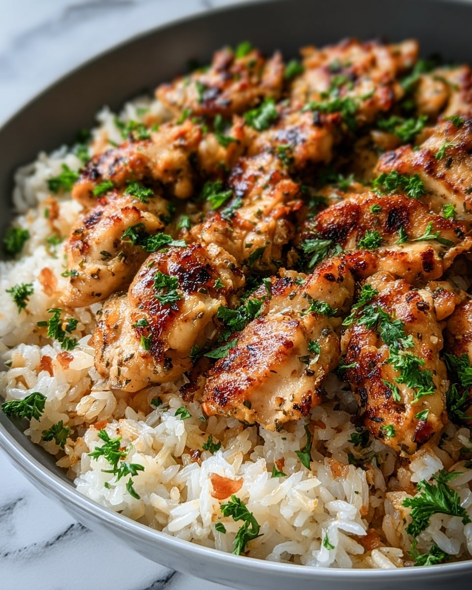 The dish shows a white plate filled with a layer of creamy, white rice at the bottom, which looks soft and slightly fluffy. On top of the rice, there are several pieces of golden-brown grilled chicken with visible grill marks and a light sauce shining on them. The chicken pieces have a slight crispy texture and are sprinkled with finely chopped green herbs. In the center, three bright yellow lemon wedges stand upright, adding a fresh contrast. The plate rests on a white marbled surface. photo taken with an iphone --ar 4:5 --v 7
