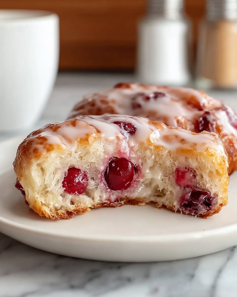 A golden brown rectangular baked pastry in a black baking tray sits on a white marbled surface, covered with a white glaze that shines and drips slightly. The pastry has an uneven, puffy texture with small pockets of baked crust and is dotted evenly with reddish-purple berry spots peeking through the glaze. In the background, a white bowl filled with fresh red strawberries, a peach, two glass jars with brown and beige contents, and some scattered blueberries and blackberries add a colorful, fresh touch to the scene. A white cloth is casually placed under the tray. photo taken with an iphone --ar 4:5 --v 7