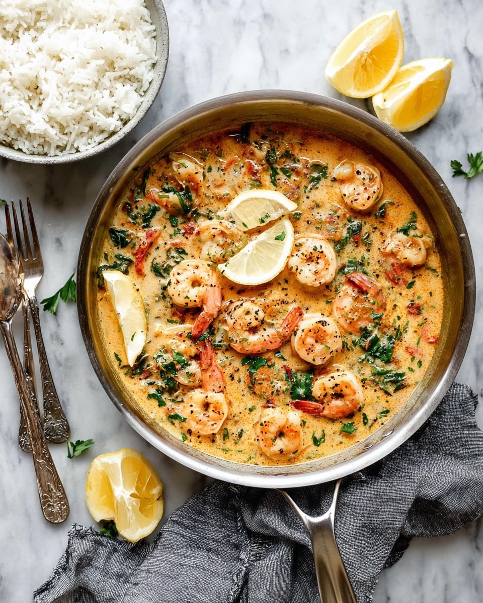 The image shows a white bowl filled with a creamy shrimp dish placed on a white marbled surface. The bowl has nine large, orange-pink shrimp arranged in a curved shape on the right side, covered in a light yellow creamy sauce with visible green herb flakes and red pepper bits sprinkled throughout. On the left side of the bowl, there is a mound of fluffy white rice with small green herb bits spread on top. The creamy sauce pools around the shrimp and rice, giving the dish a rich and textured look. photo taken with an iphone --ar 4:5 --v 7
